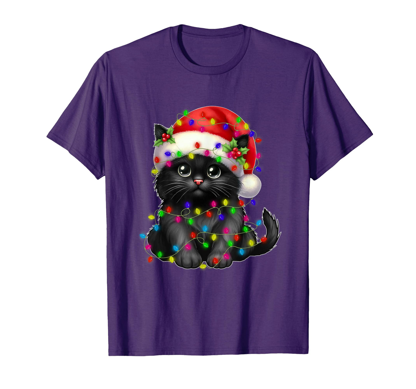 Black Cat Christmas Light Santa Hat Xmas Christmas Cat Lover Men Women Kids T-Shirt