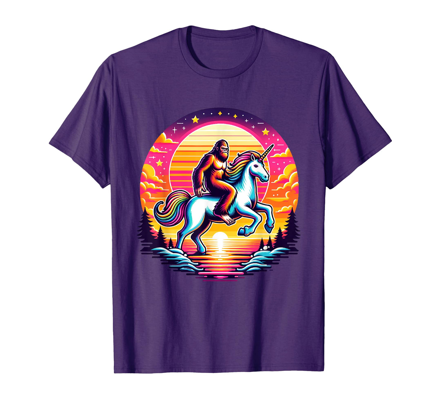 Bigfoot Riding Unicorn! Funny Sasquatch Unicorn Retro Sunset T-Shirt