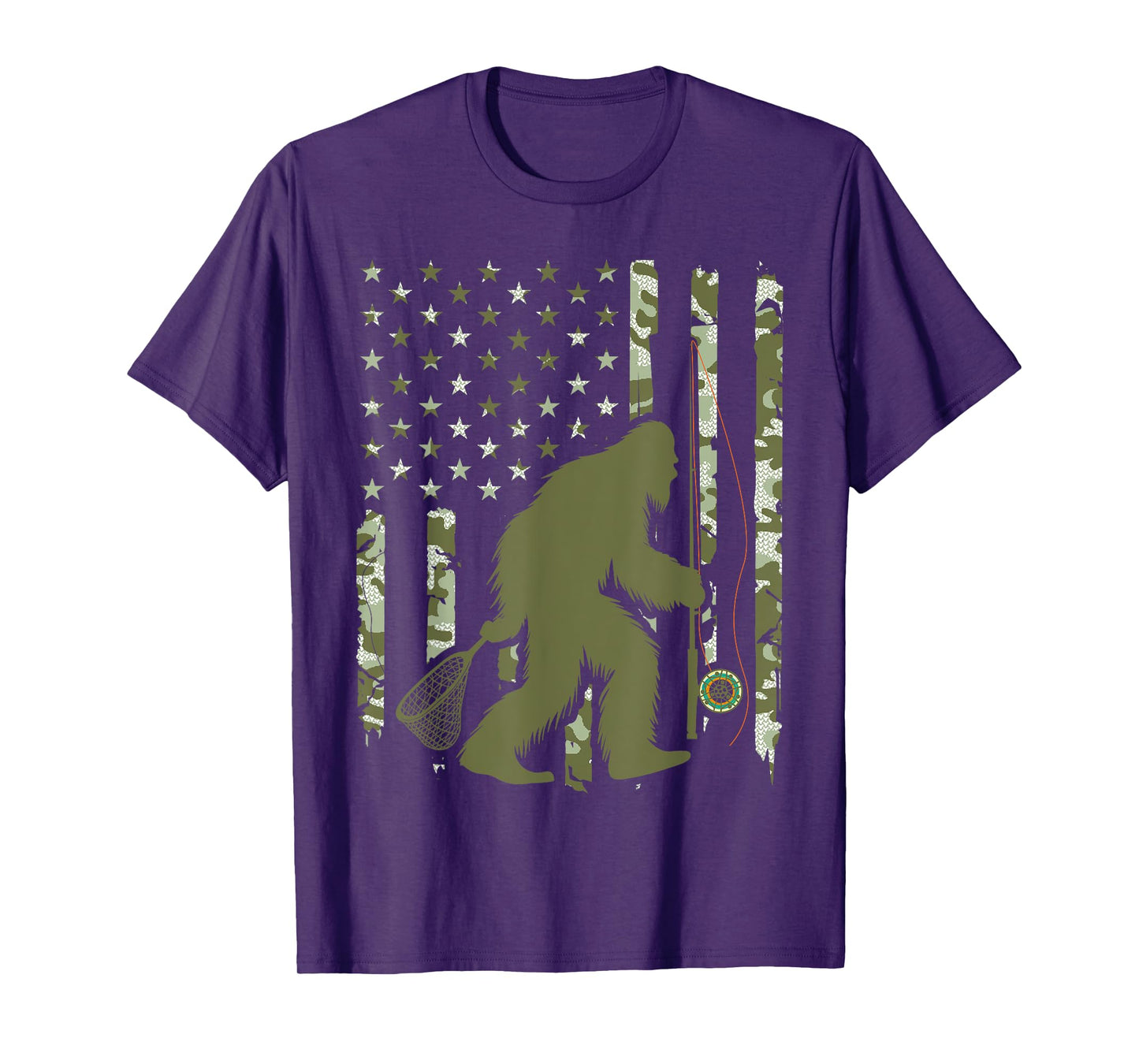 Bigfoot Sasquatch Fly Fishing American Flag Camo Vintage T-Shirt