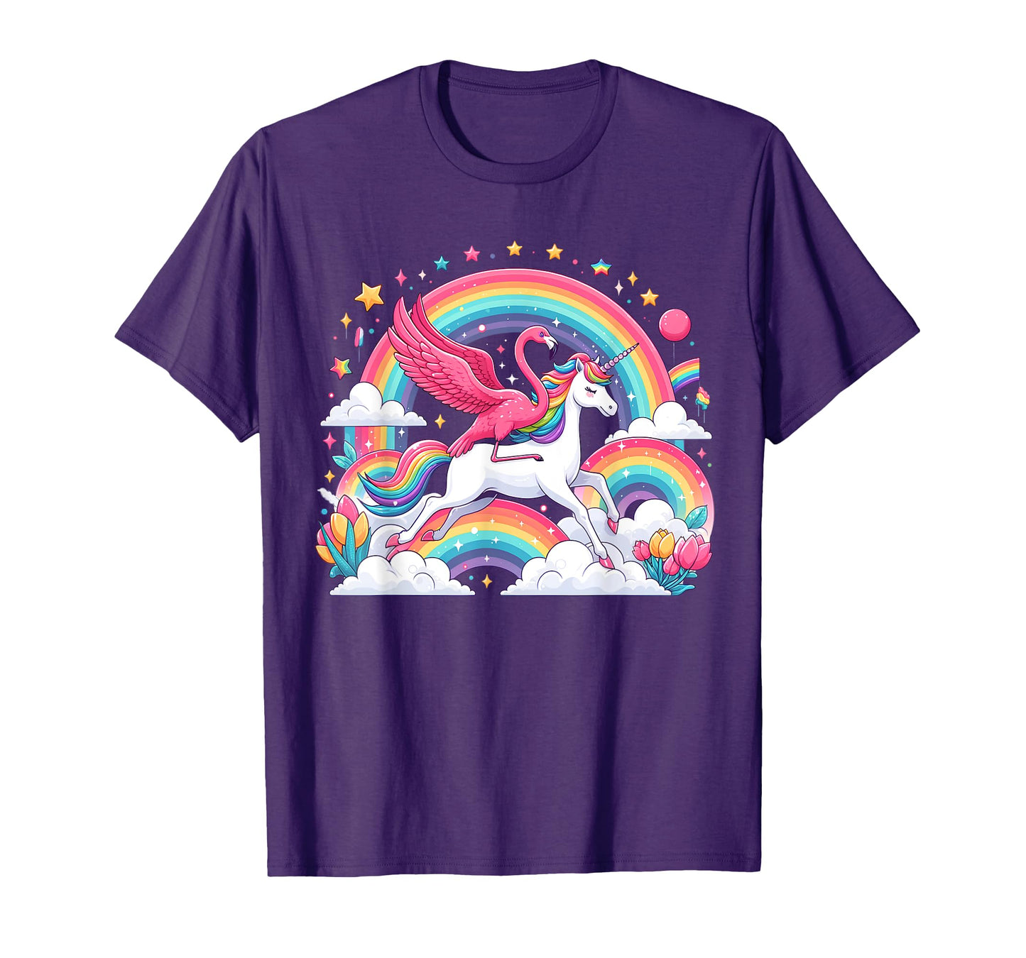 Flamingo Riding Unicorn Galaxy Rainbow Lover Girl Women T-Shirt