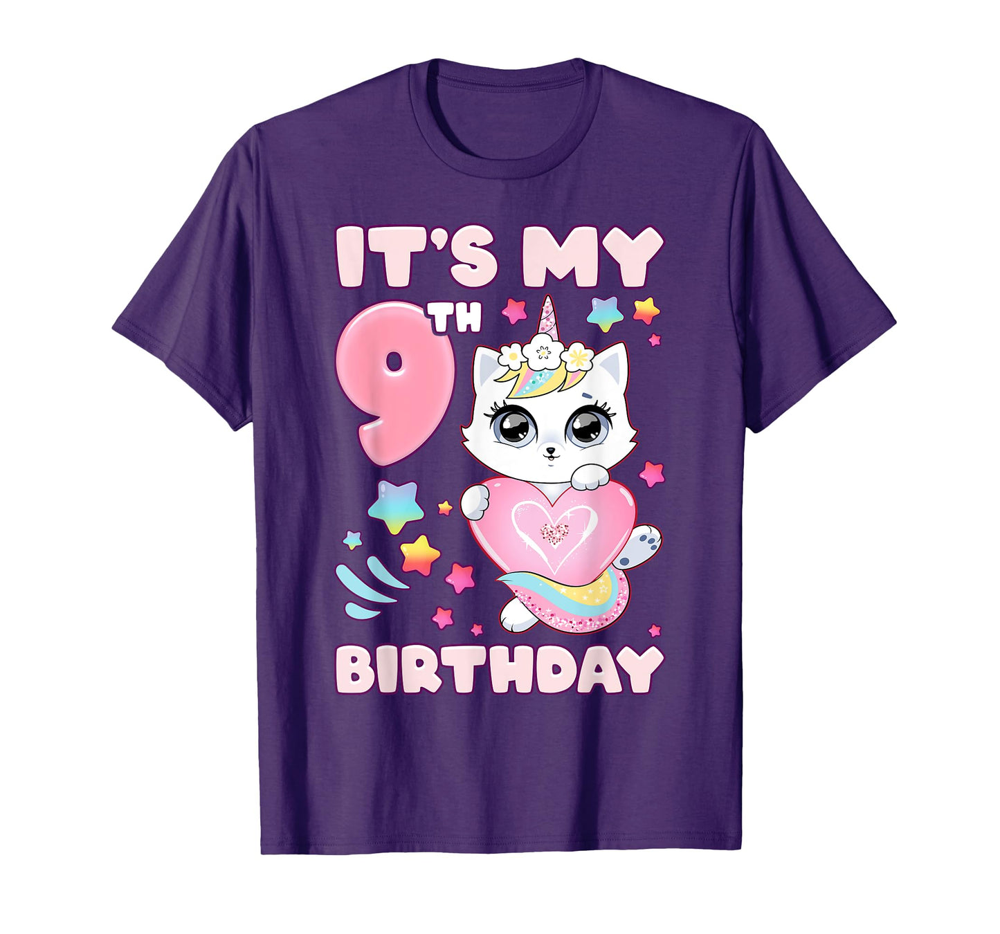 Birthday girl 9 years old, cat, unicorn, 9th birthday T-Shirt