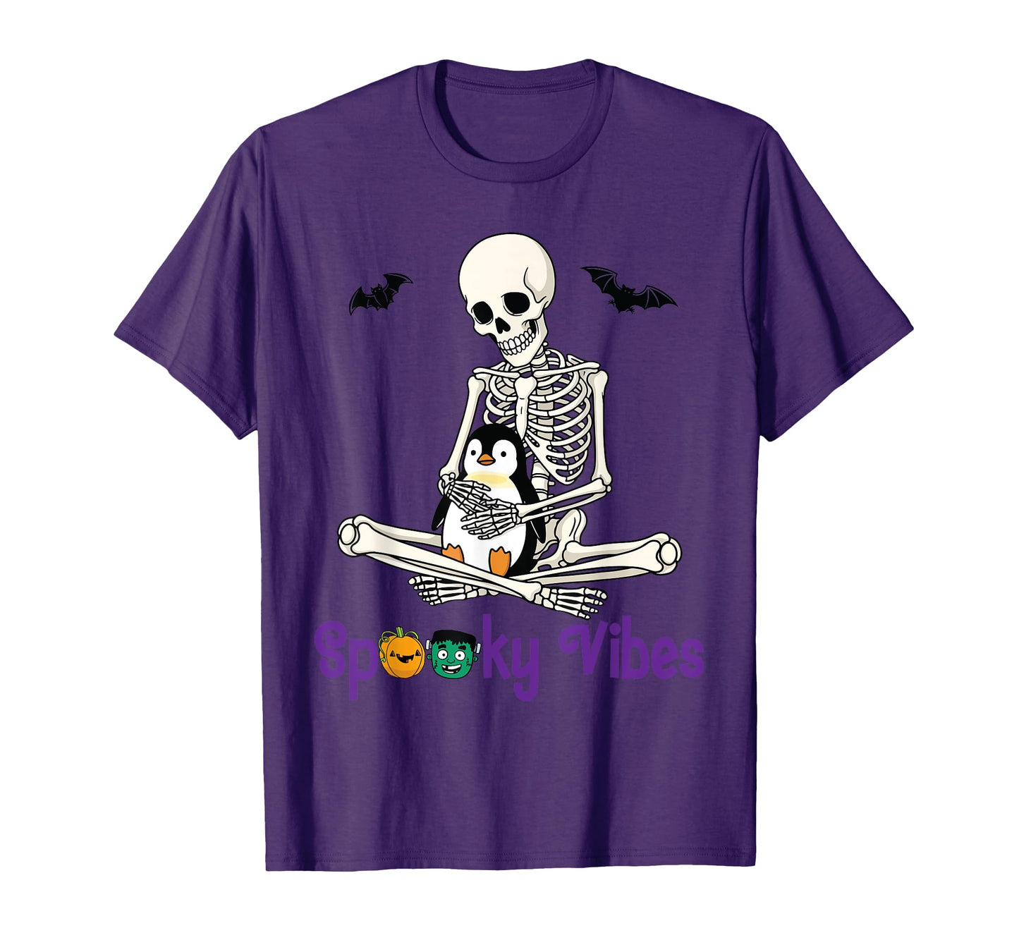 Skeleton Hugging Penguin Cute Spooky Vibes Halloween Day T-Shirt