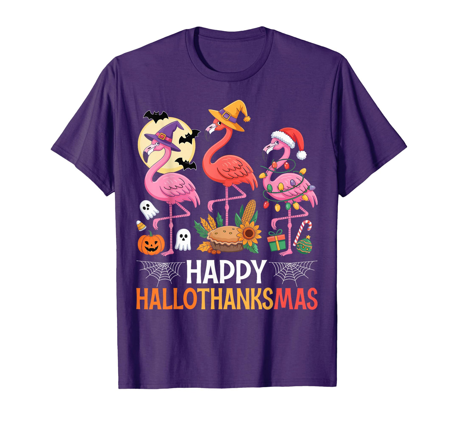 Happy Hallothanksmas Xmas Halloween Thanksgiving Flamingo T-Shirt