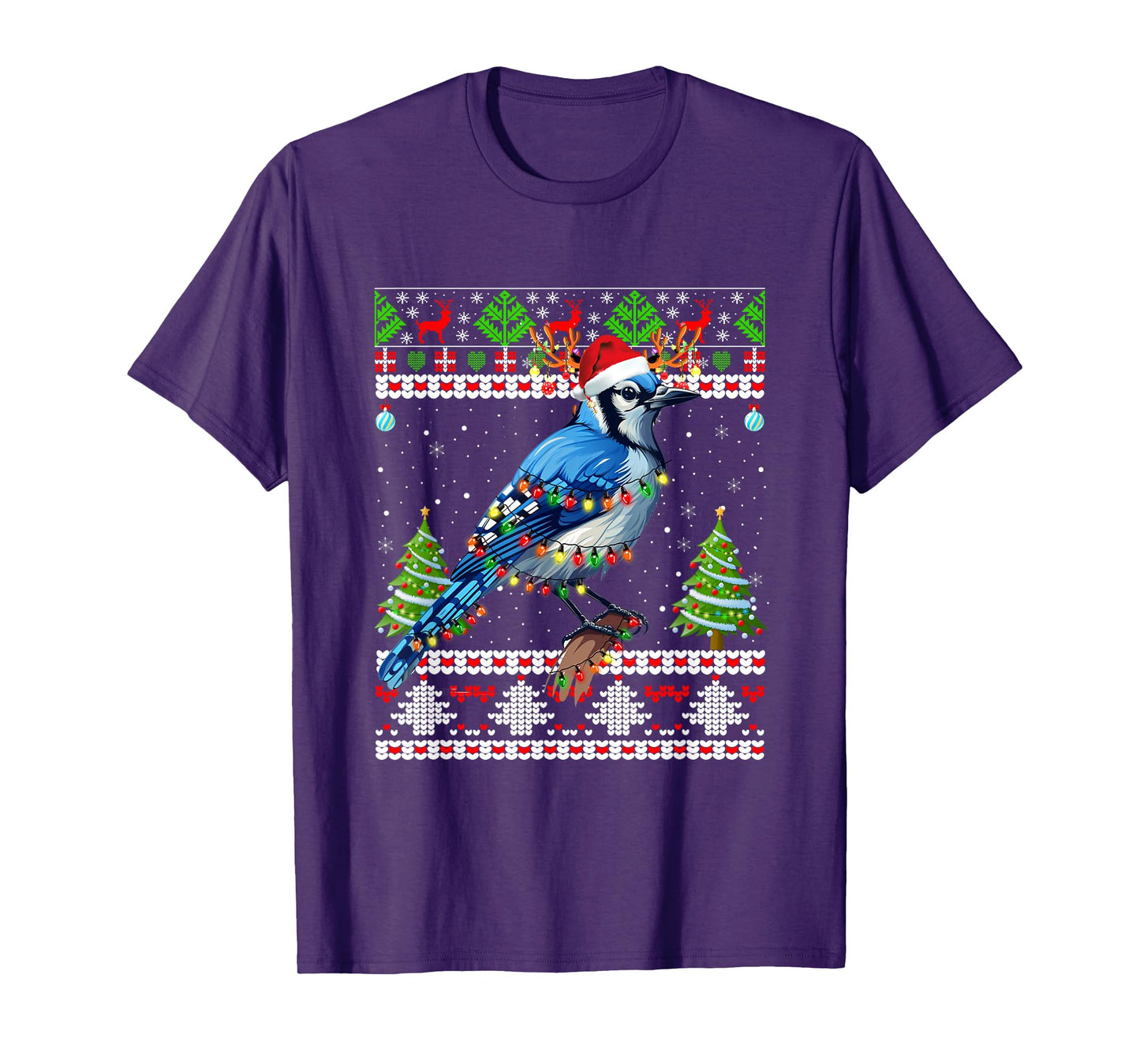 Xmas Lights Ugly Sweater Style Santa Blue Jay Bird Christmas T-Shirt