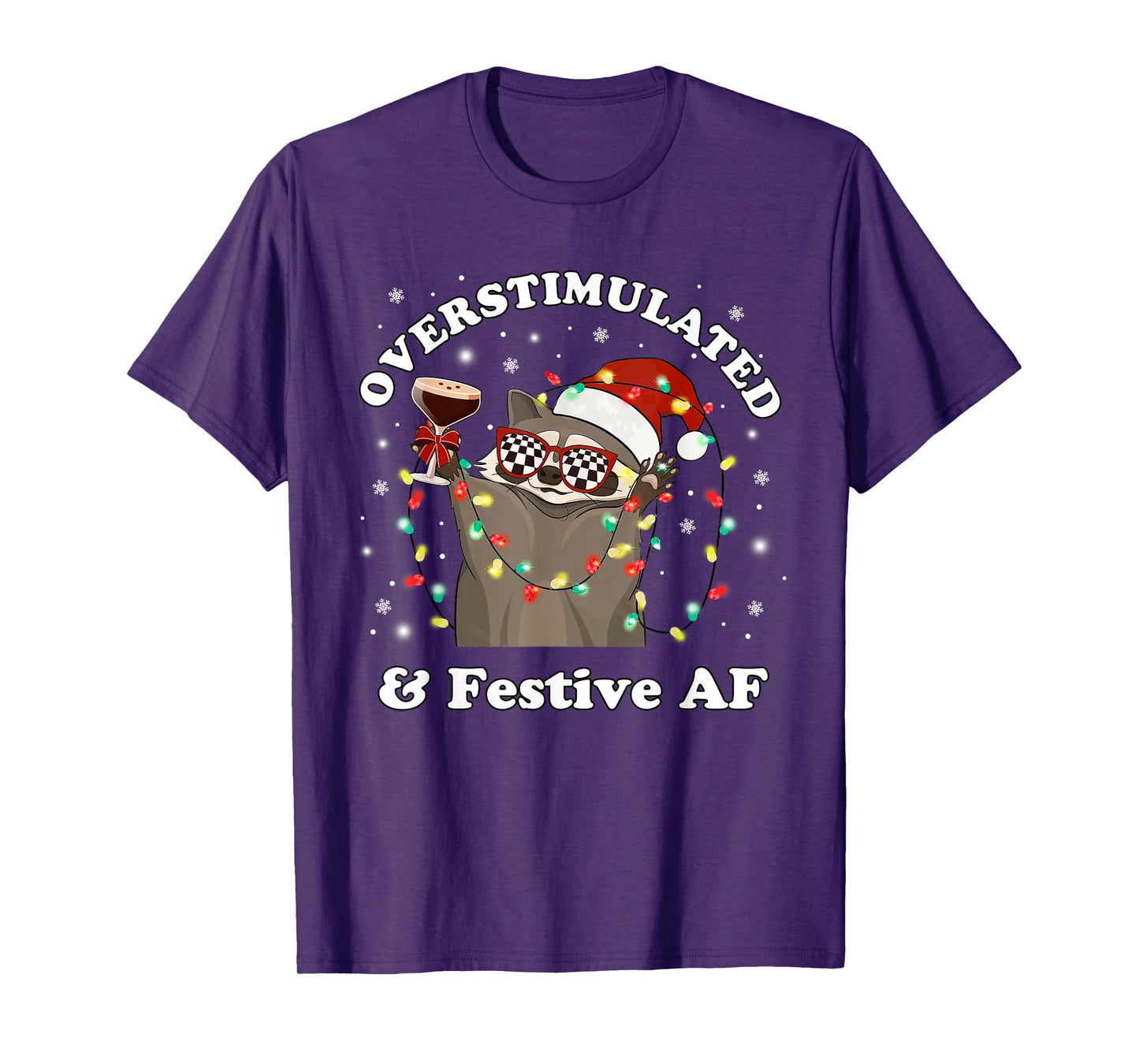 Overstimulated & Festive AF Raccoon Christmas Martini Bow T-Shirt