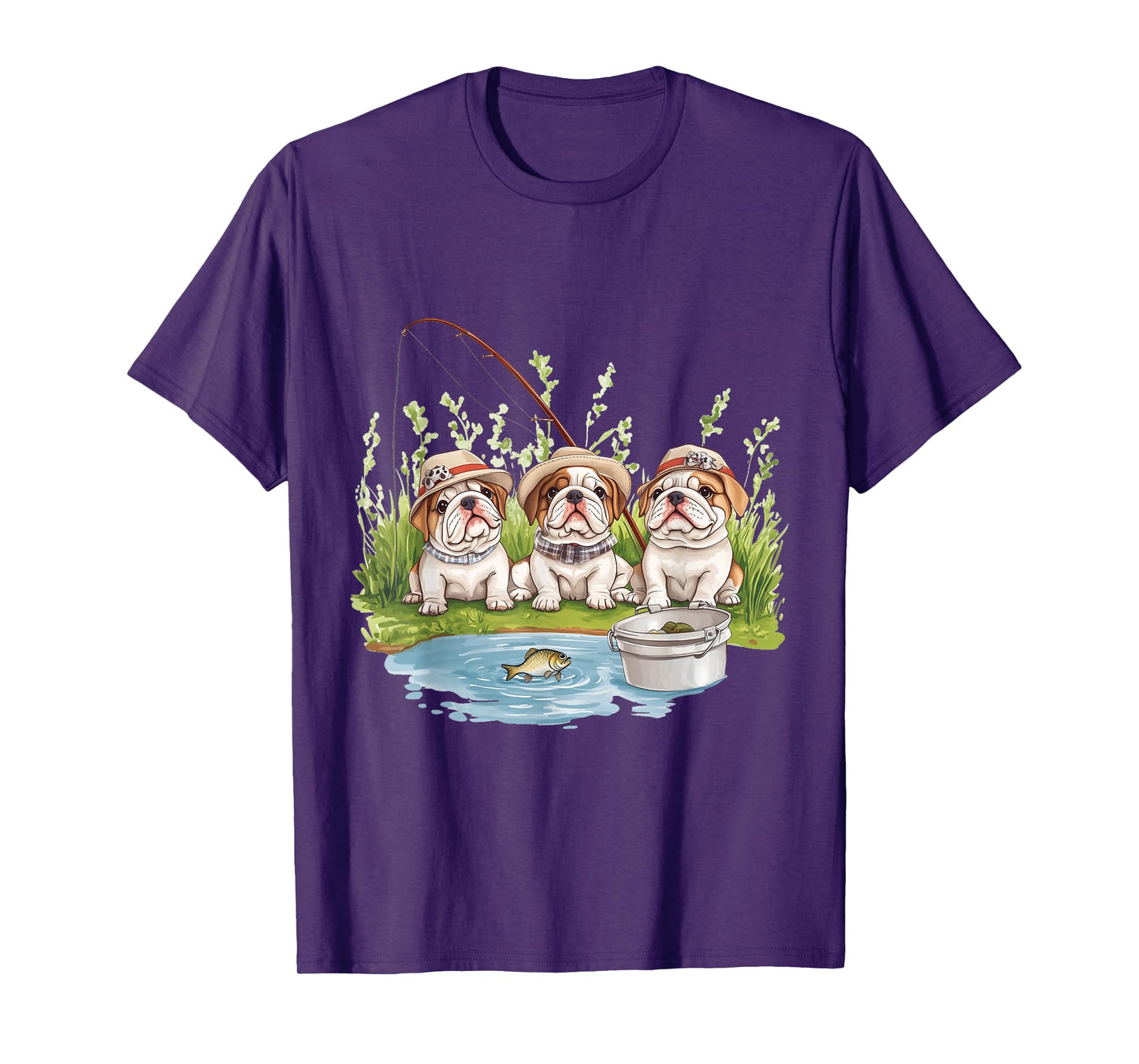 Cute English Bulldogs Fishing Pond Puppy Lake Fish Dogs T-Shirt