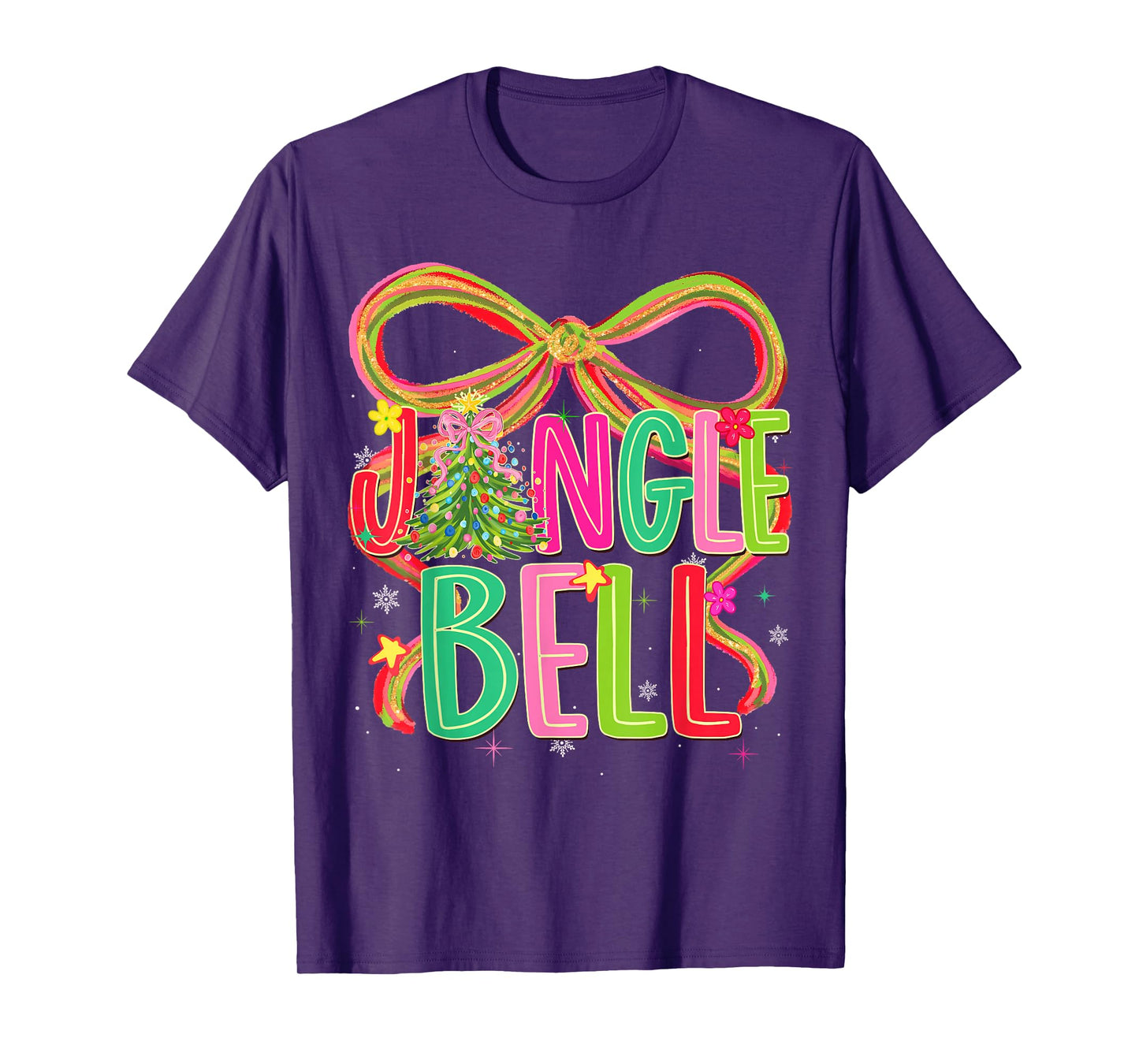 Jingle Bells Coquette Bow Merry Christmas Tree Girl Women T-Shirt