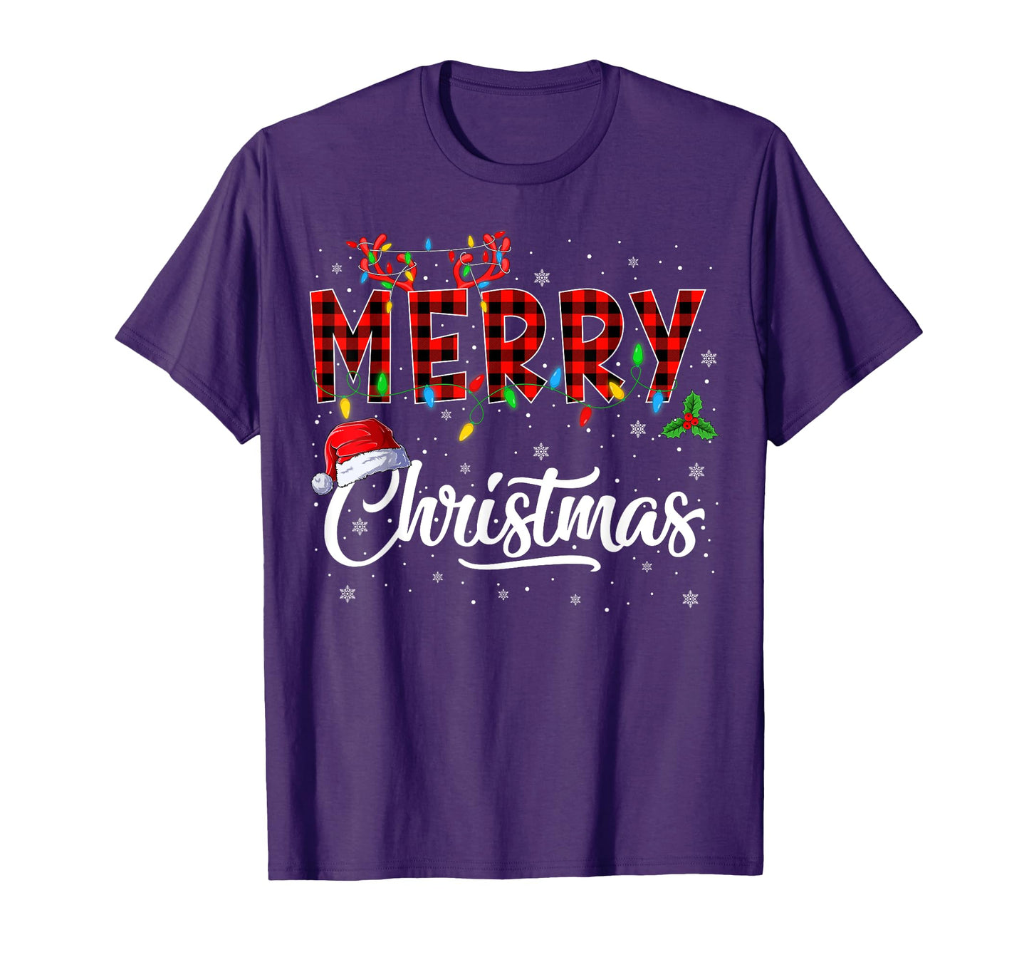Merry Christmas Lights Santa Hat Xmas Family Men Women Kids T-Shirt