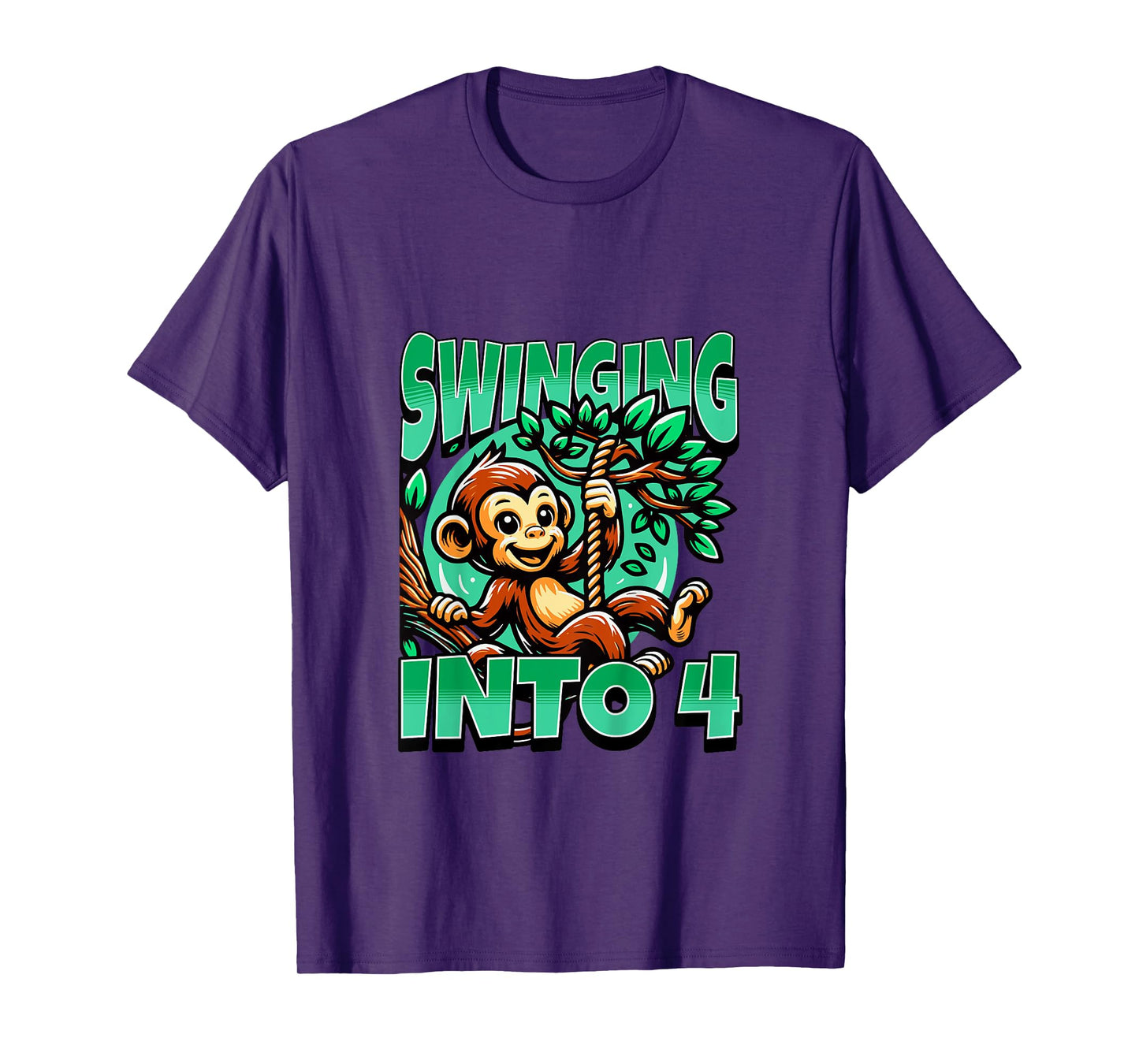 Kids Monkey Swinging Into 4 Year Old 4th Birthday Boy Girl T-Shirt