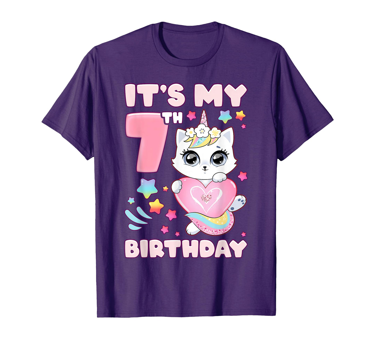 Birthday girl 7 years old, cat, unicorn, 7th birthday T-Shirt