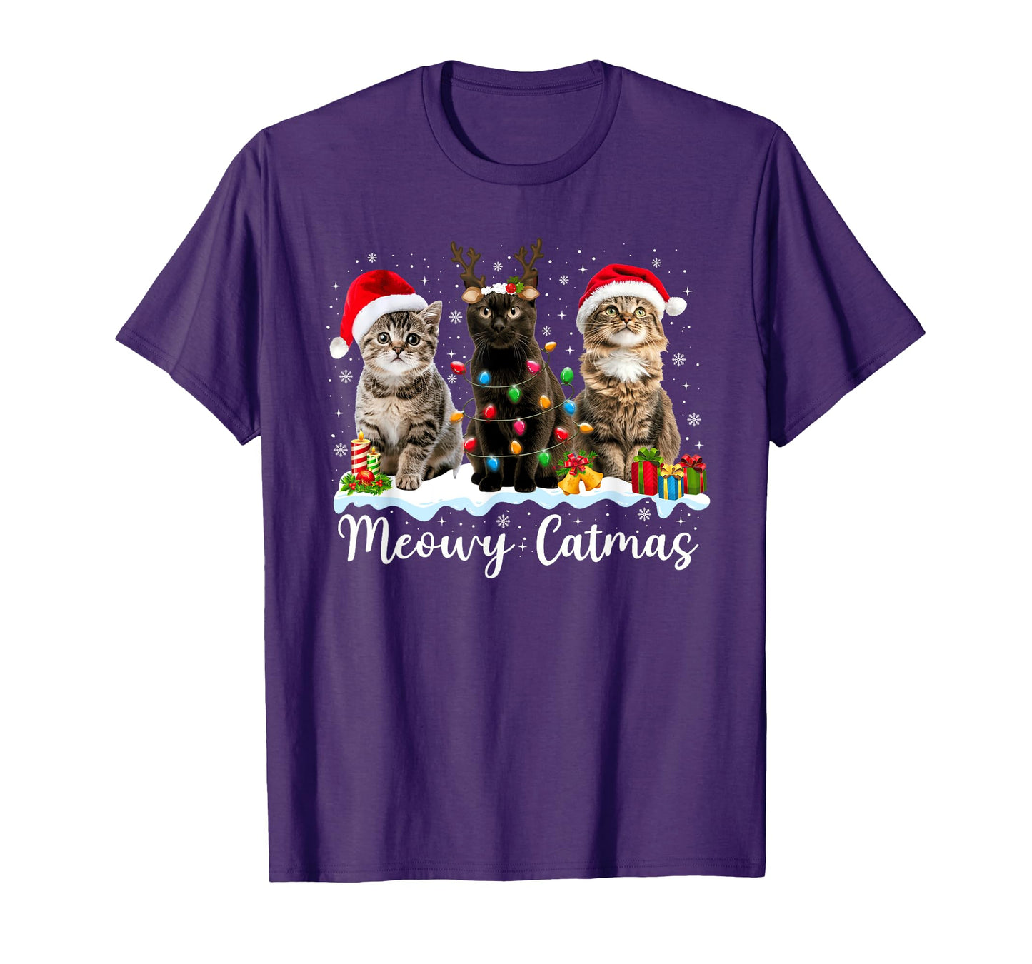 Meowy Catmas Cat Christmas Lights Xmas Pajamas Cat Lover Men Women Kids T-Shirt