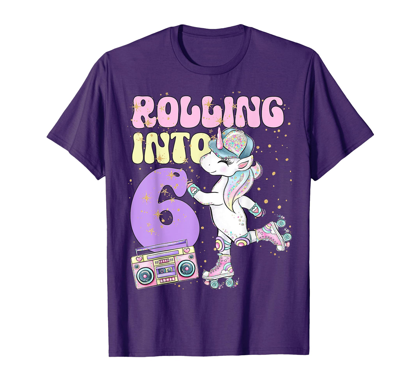6th Birthday Roller Skate Party Unicorn Retro 90s Skating T-Shirt
