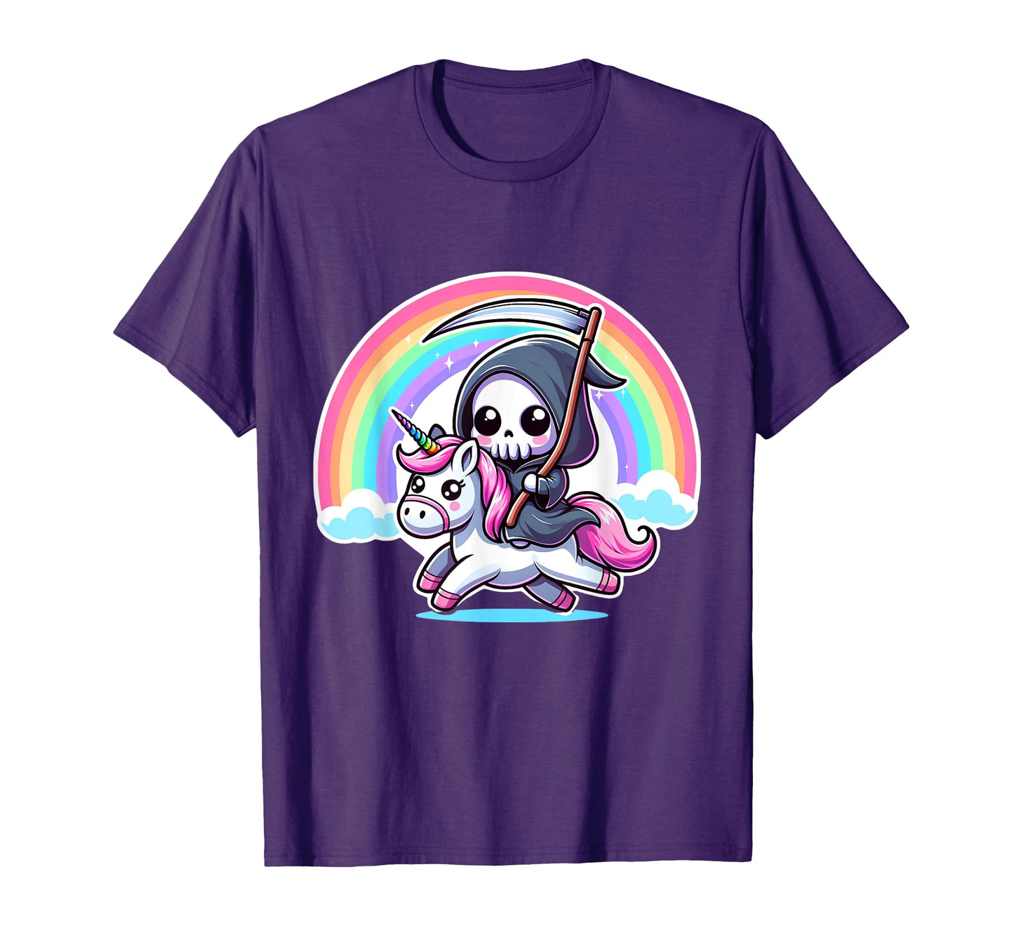 Grim Reaper Riding Unicorn Funny Rainbow Heavy Metal T-Shirt
