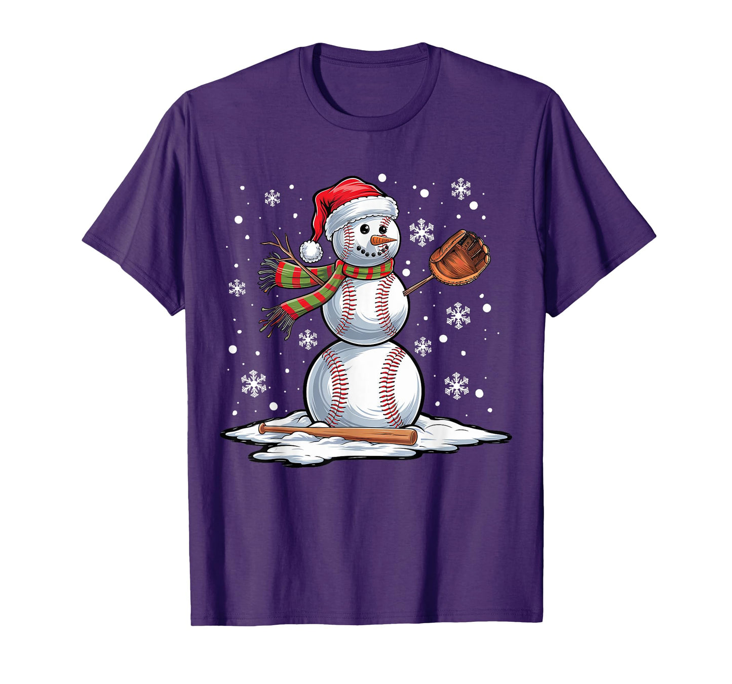 Baseball Snowman Baseball Player Santa Hat Christmas Funny T-Shirt