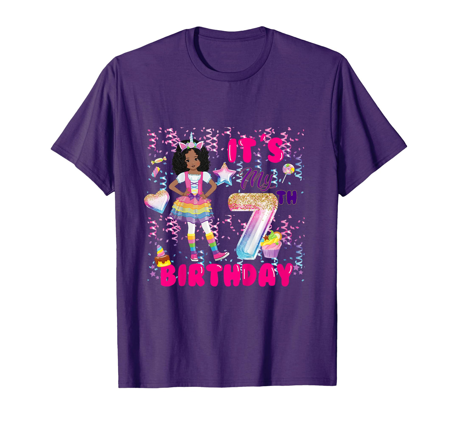 7th Birthday shirt Girls 7 yr African American 7th B-day T-Shirt