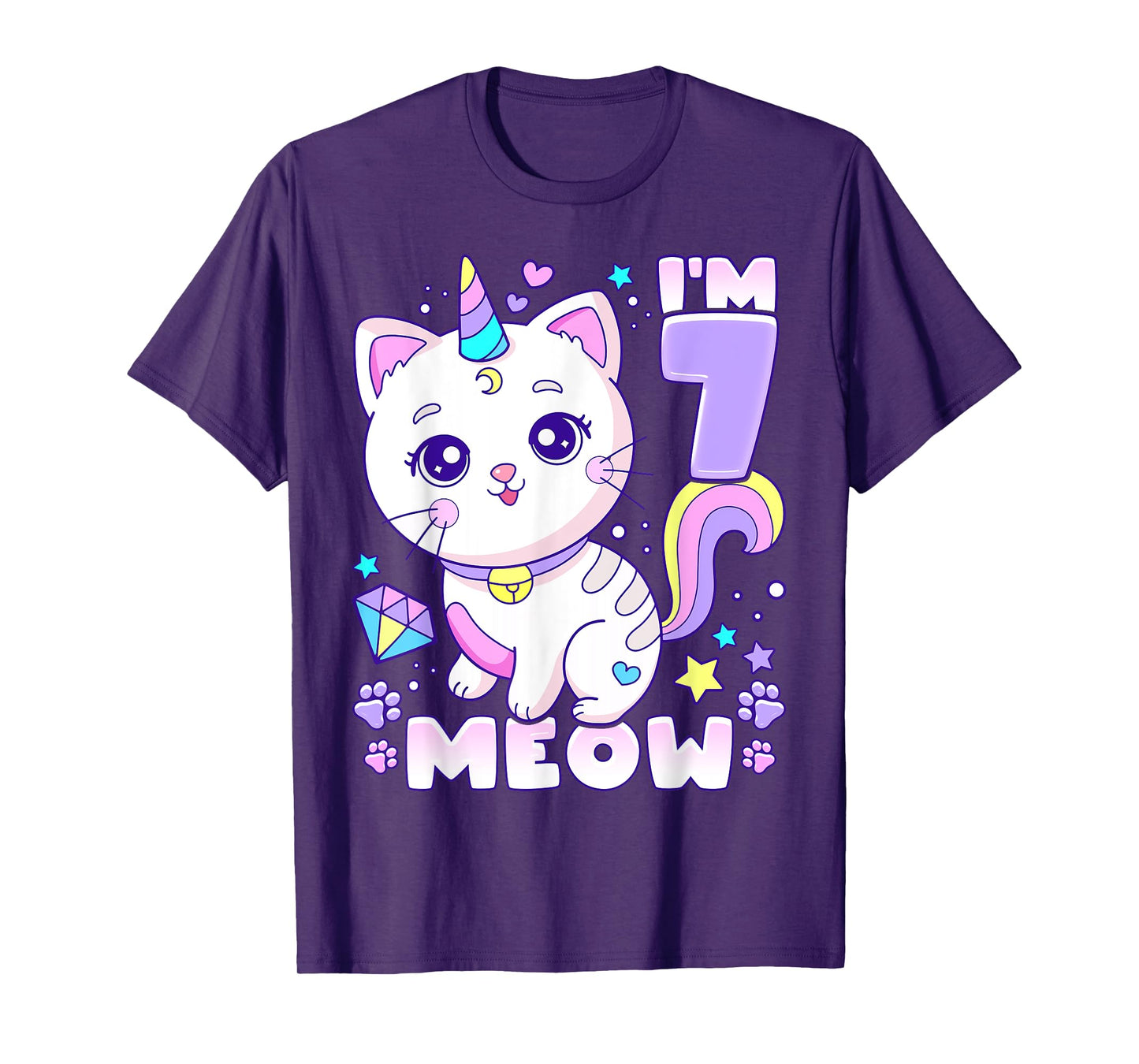 Birthday girl 7 years old, cat, unicorn, 7th birthday T-Shirt