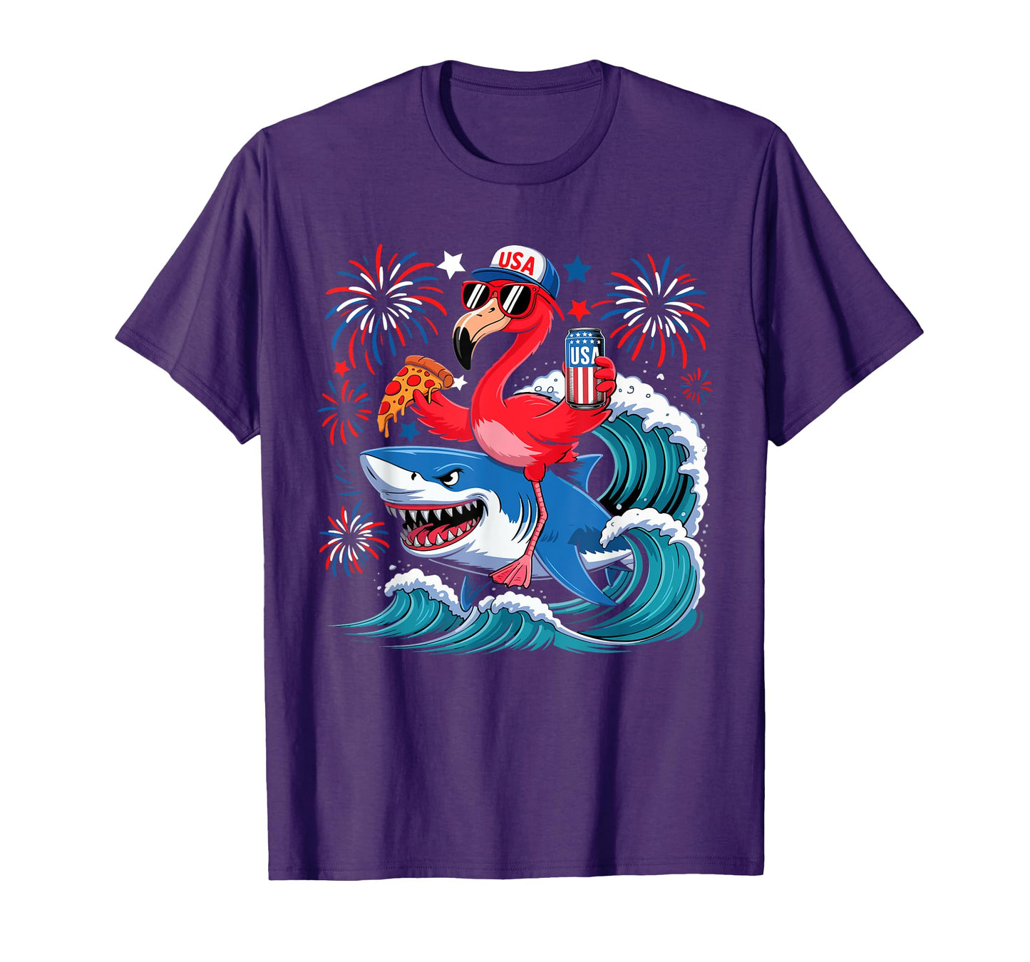 Flamingo Riding Shark With Beer Pizza 4th Of July Patriotic T-Shirt