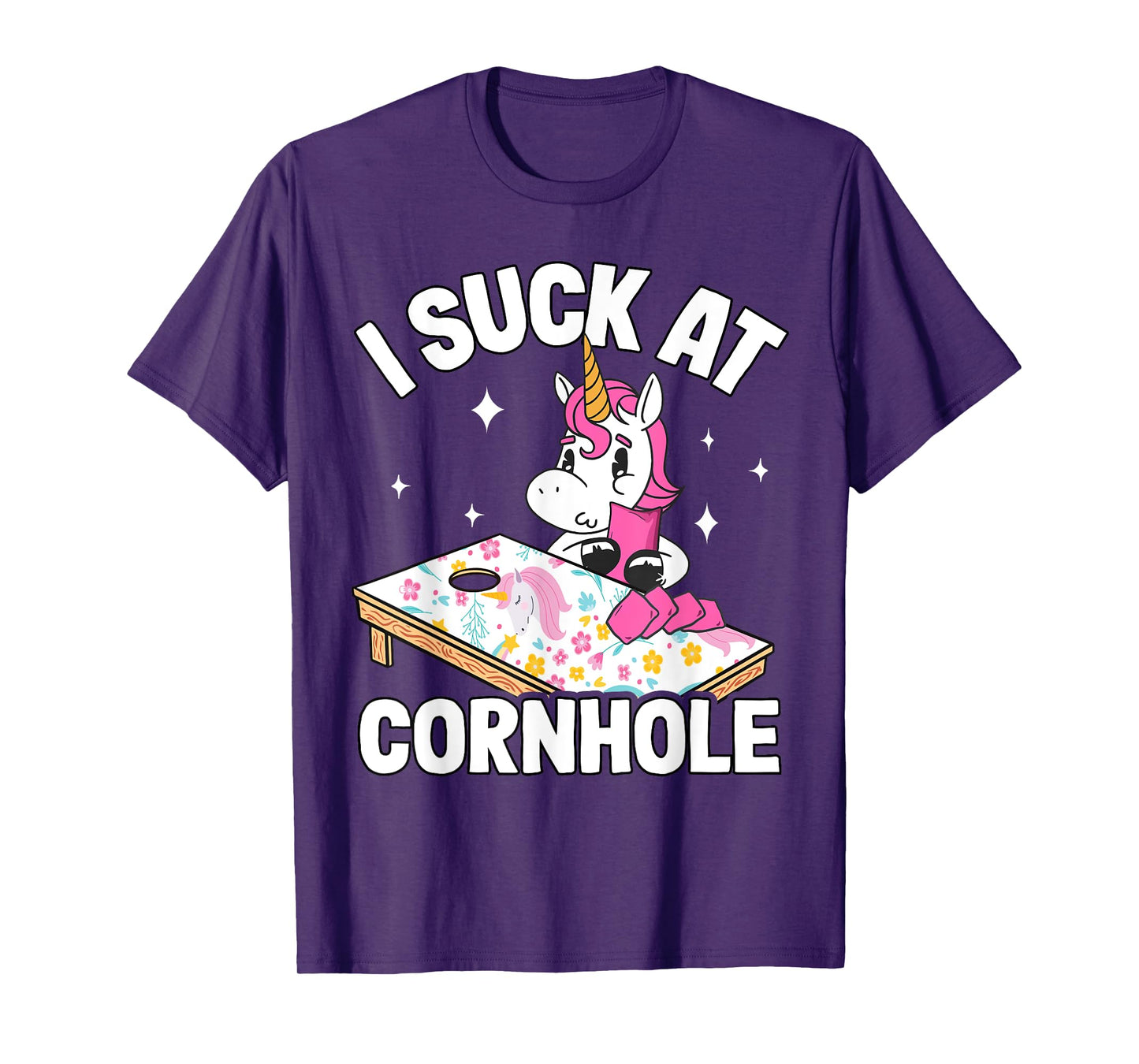 I Suck At Cornhole Loser Funny Sarcastic Joke Pink Unicorn T-Shirt
