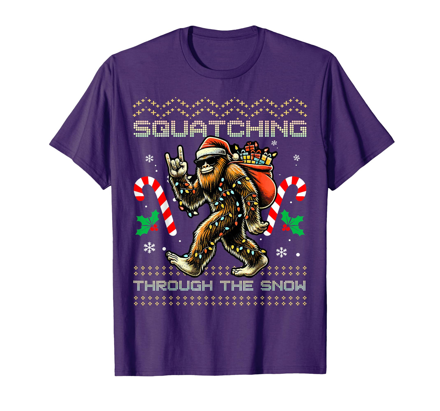 Squatching Through The Snow Squatch Rock Bigfoot Christmas T-Shirt