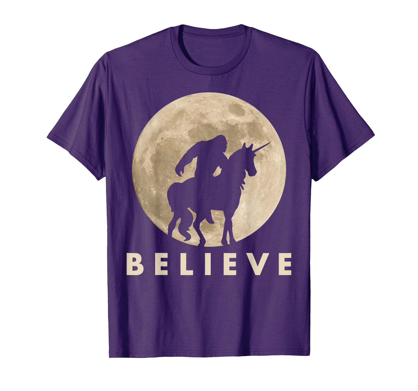 Bigfoot Riding a Unicorn Against a Full Moon Shirt, Believe! T-Shirt