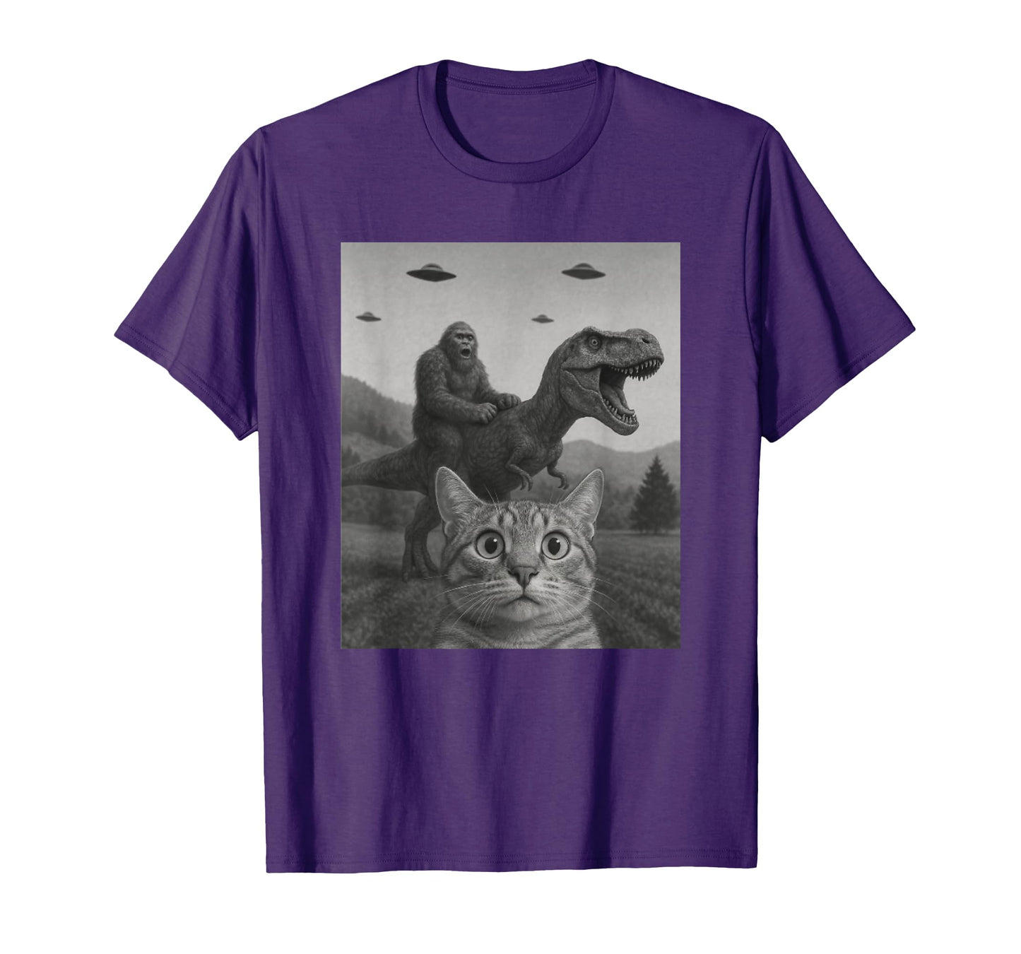 Cat Selfie with Bigfoot Riding T-rex Dinosaur Alien UFO T-Shirt