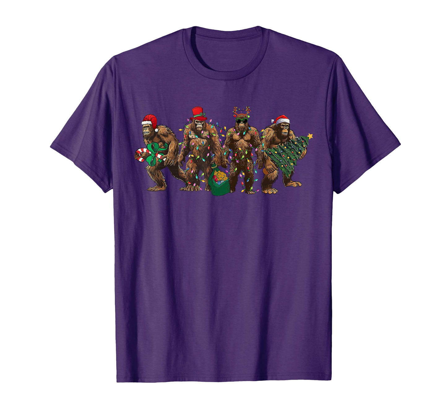 Santa Bigfoot Christmas Tree Xmas Lights Funny Sasquatch T-Shirt