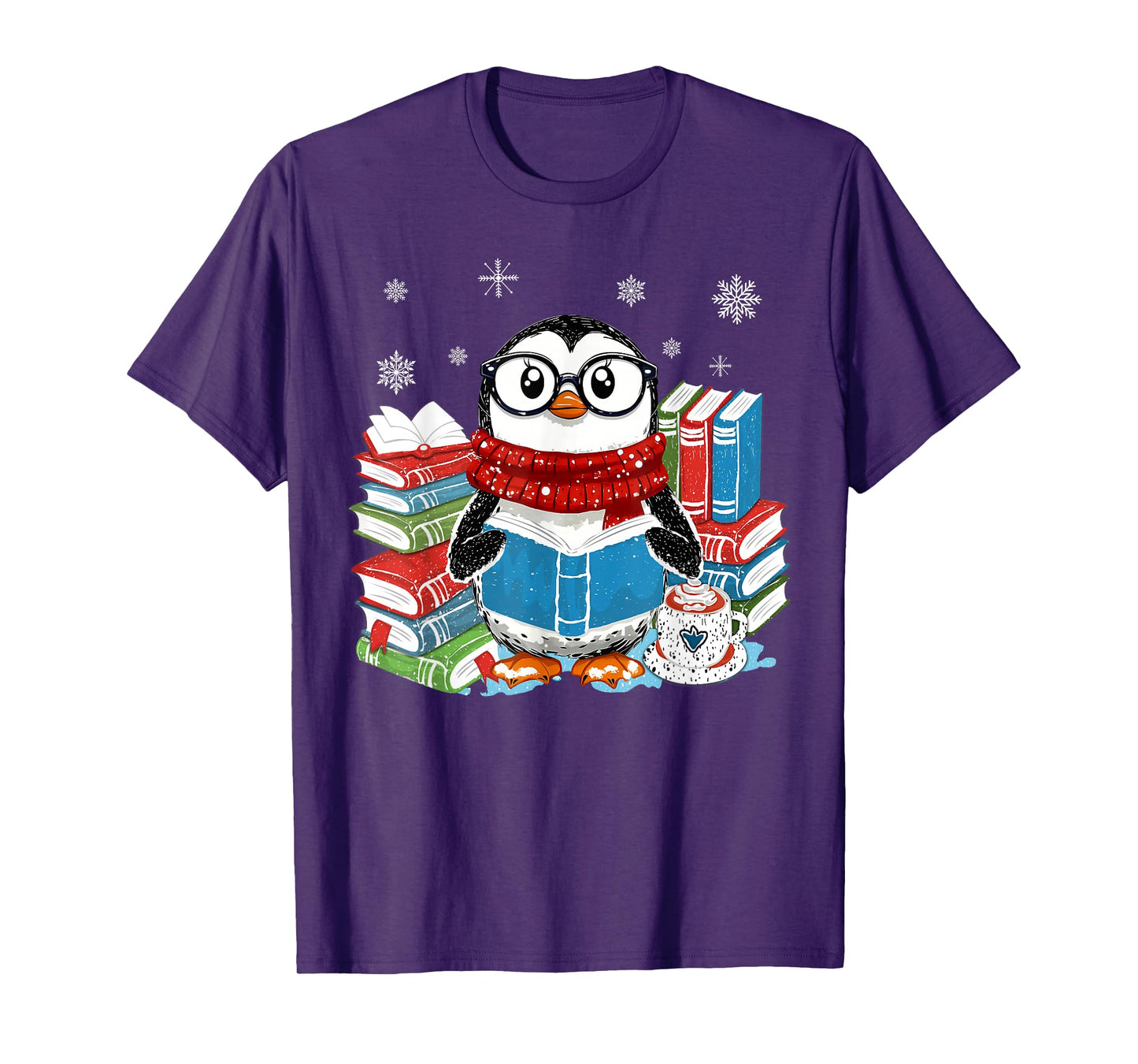 Christmas A Penguin Reading Book Snowflake Cocoa Hot Teacher T-Shirt