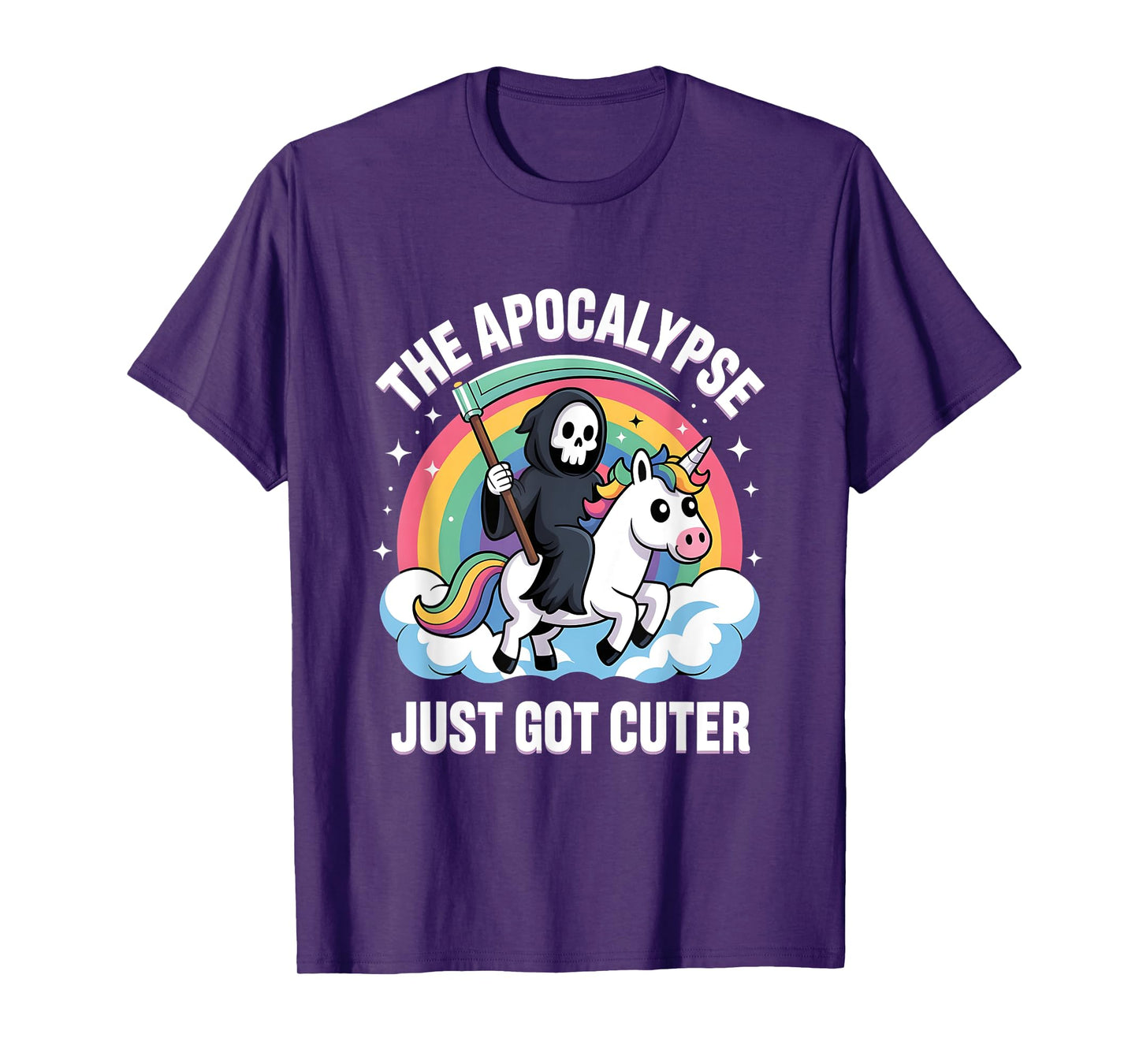 Cute Cartoon Grim Reaper Riding Rainbow Unicorn T-Shirt