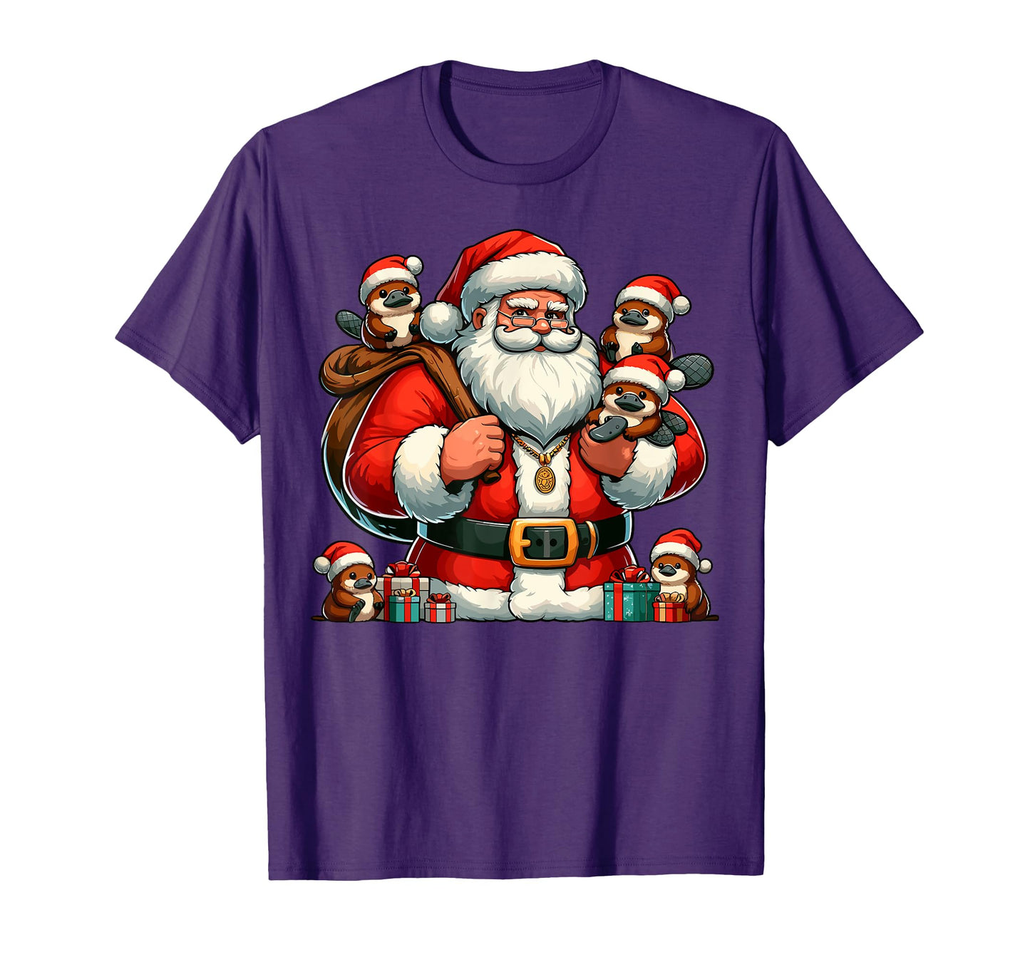 American Santa Claus Holding Platypus Present Xmas T-Shirt