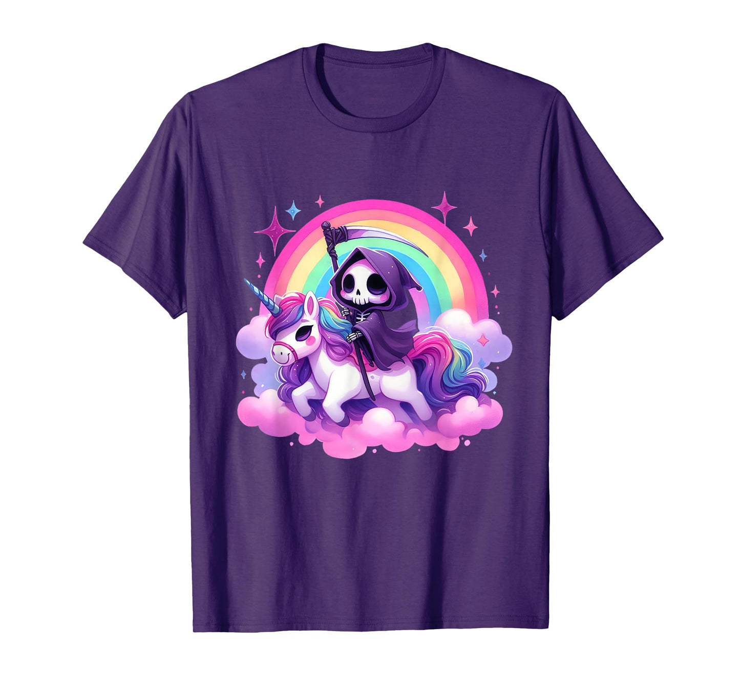 Funny Humor Rainbow Gothic Grim Reaper Riding Unicorn Kids T-Shirt