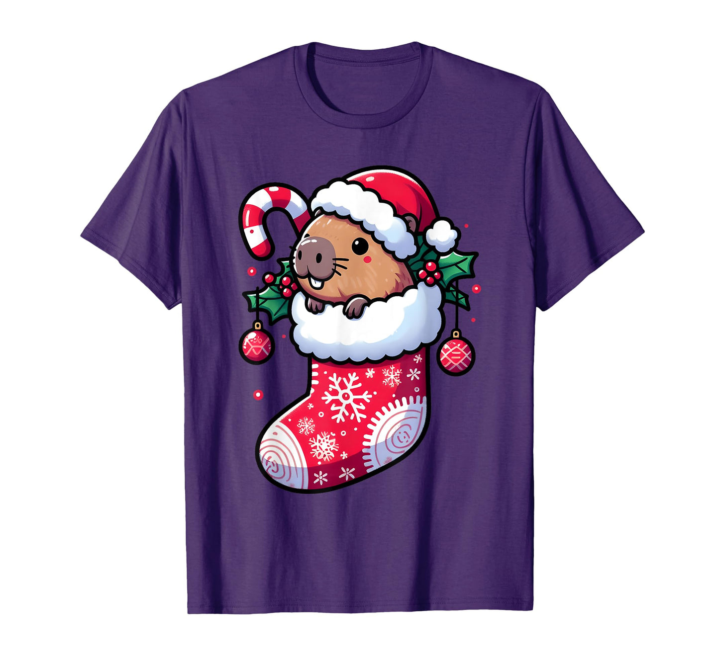 Cute Capybara Wearing Santa Hat in Christmas Stocking Pajama T-Shirt