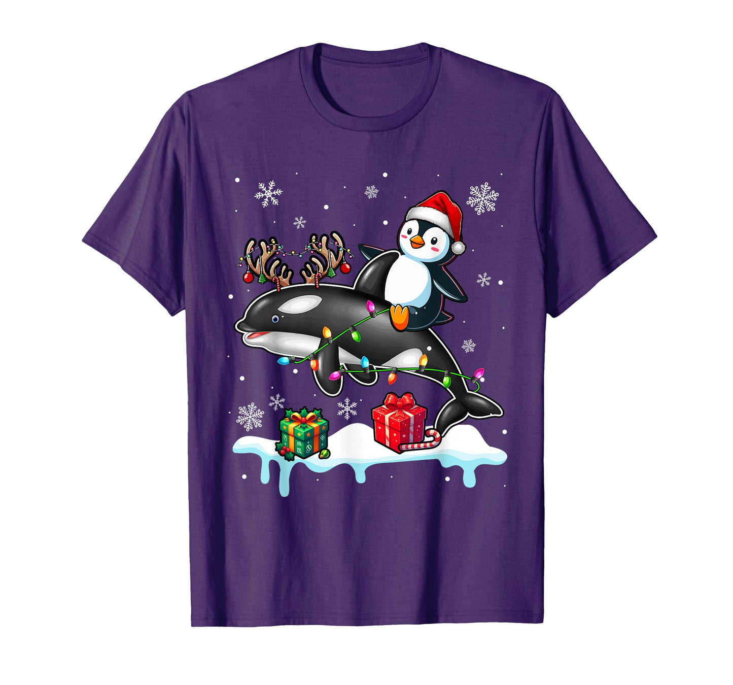 Christmas Santa Penguin Riding Reindeer Orca Lover Kids T-Shirt