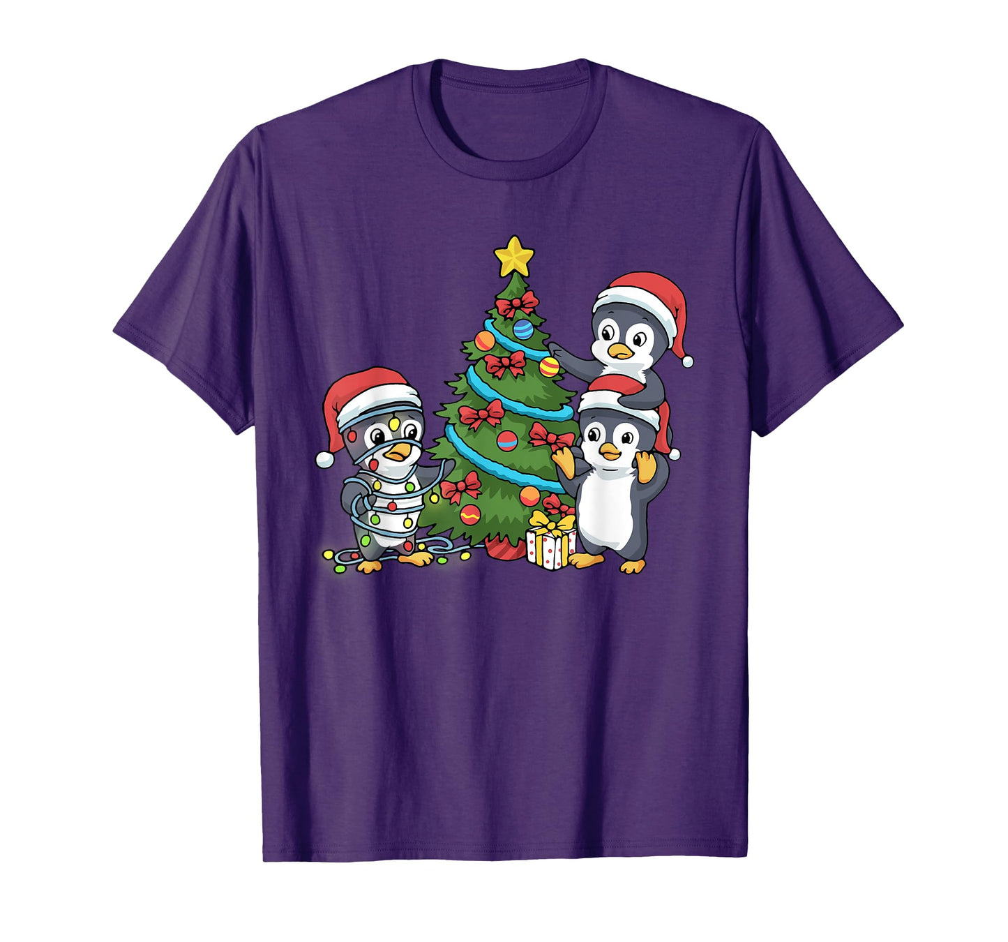Kids Christmas Penguin Tshirt Christmas Tree Lights Baubles T-Shirt