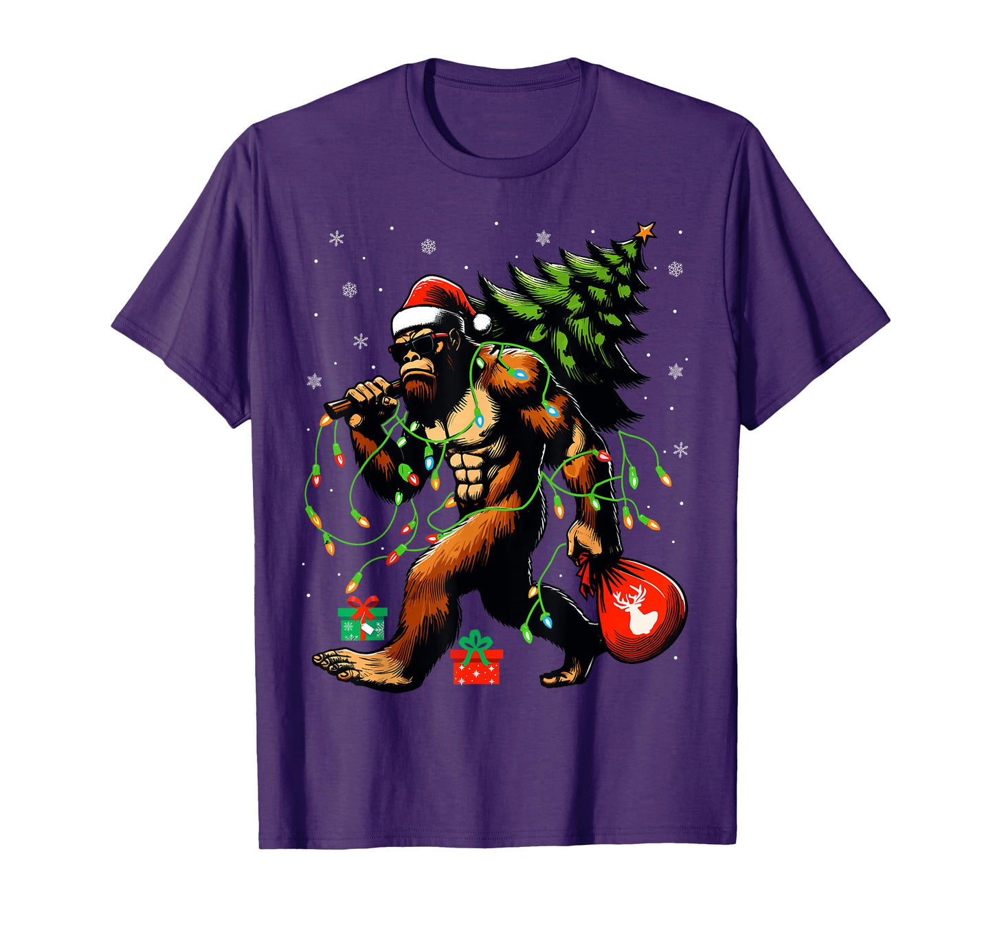 Santa Bigfoot Christmas Tree Xmas Lights Funny Sasquatch T-Shirt