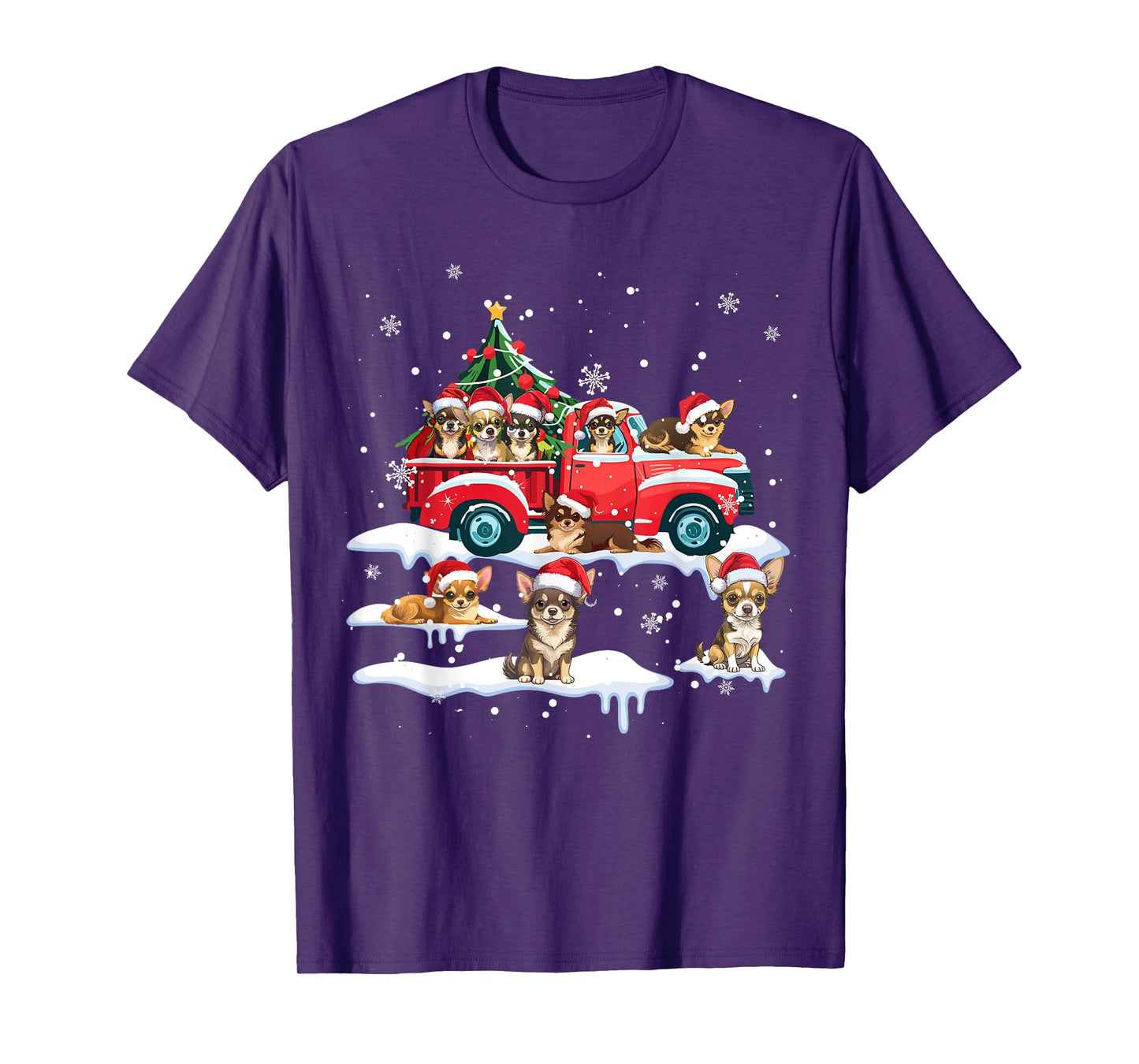 Chihuahua Dog Riding Red Truck Ugly Sweater Merry Christmas T-Shirt