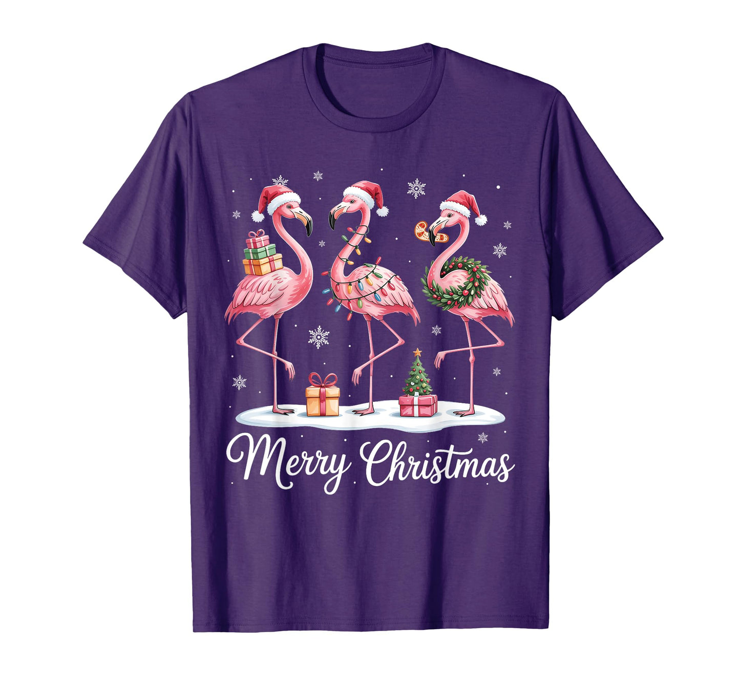 Merry Christmas Cute Flamingo Santa Snow Xmas Lights Pajamas T-Shirt