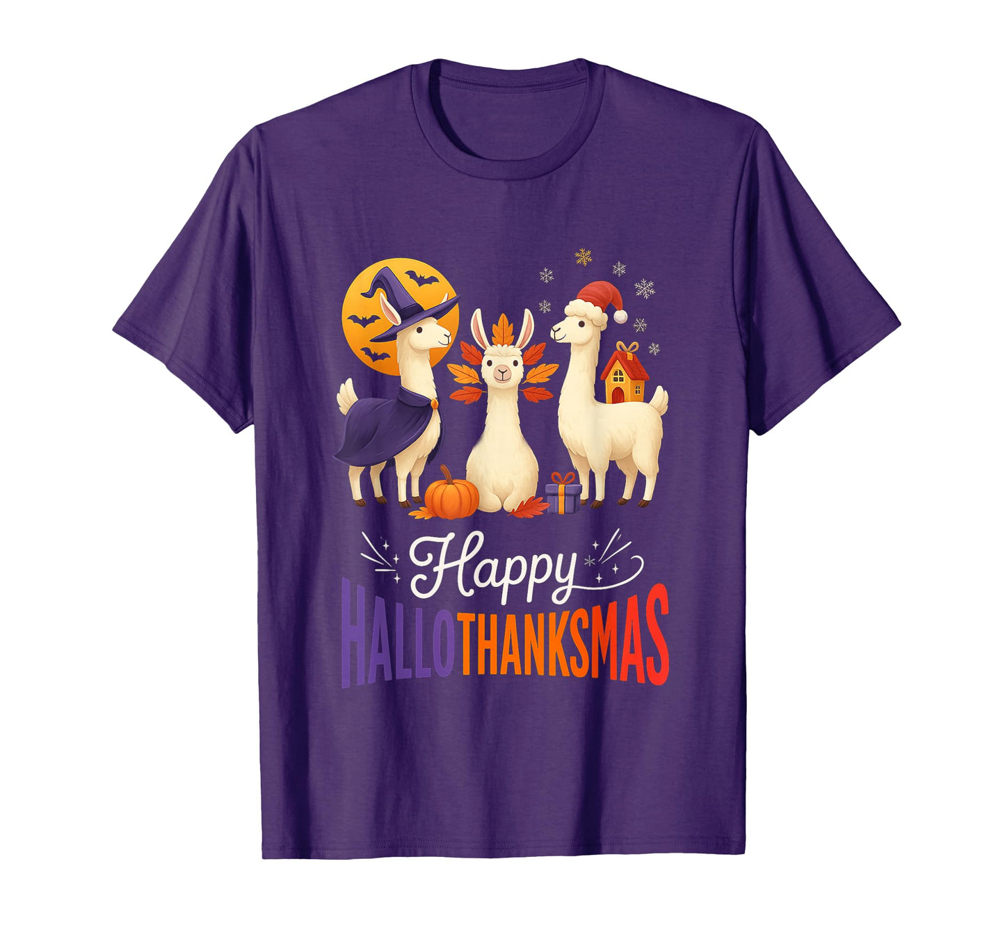 Happy Hallothanksmas Llamas Halloween Thanksgiving Xmas Fun T-Shirt