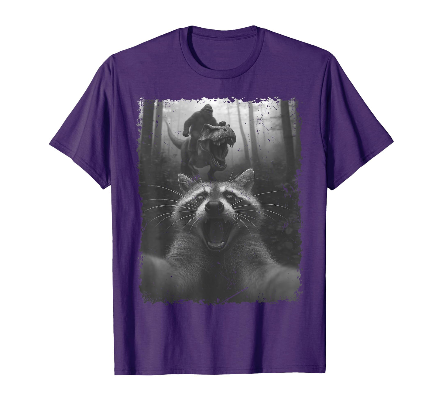 Funny Raccoon Selfie with T-Rex Dinosaur and Bigfoot T-Shirt