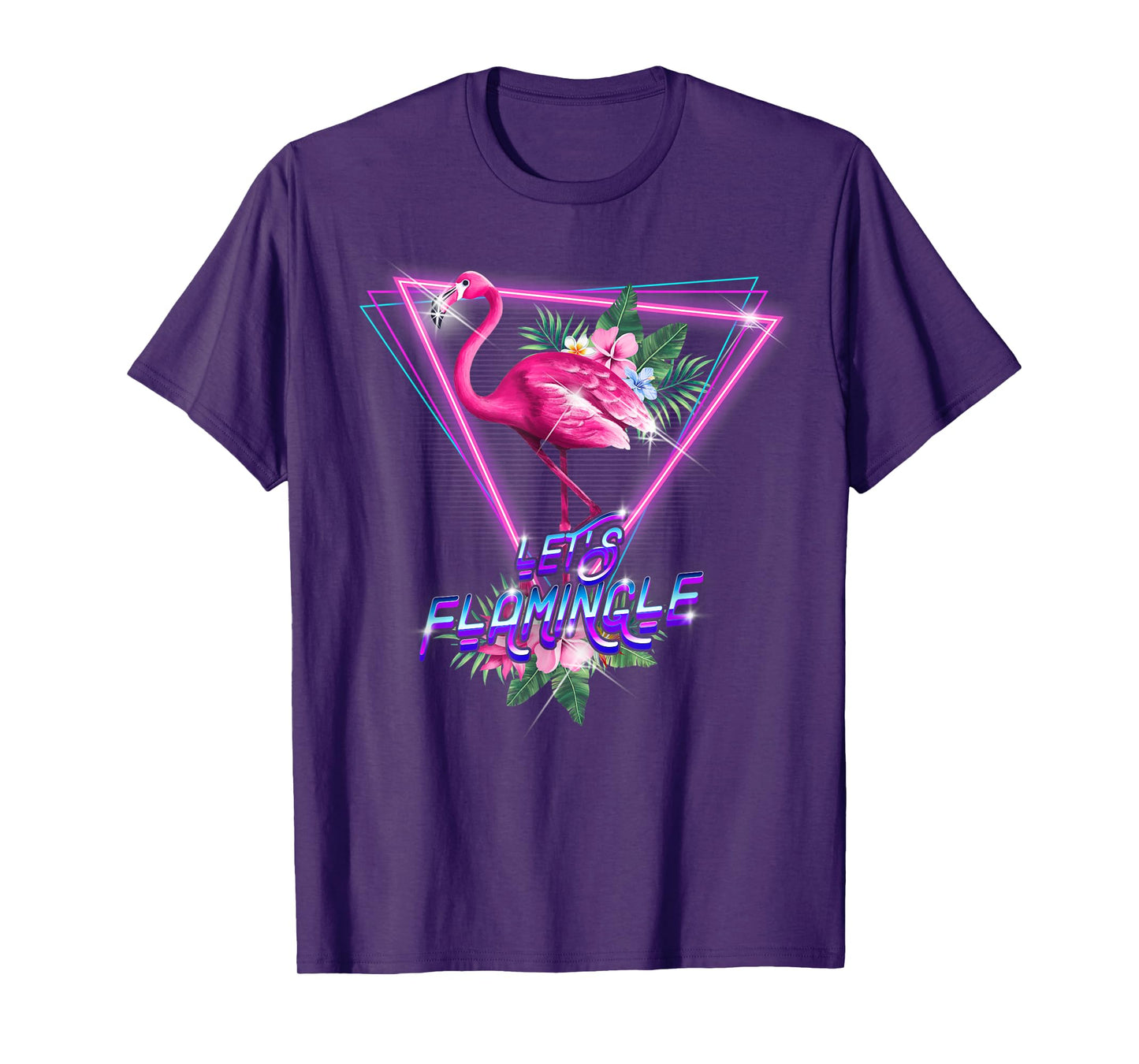 Retro 80s Botanical Tropical Leaf Flowers Let's Flamingle T-Shirt