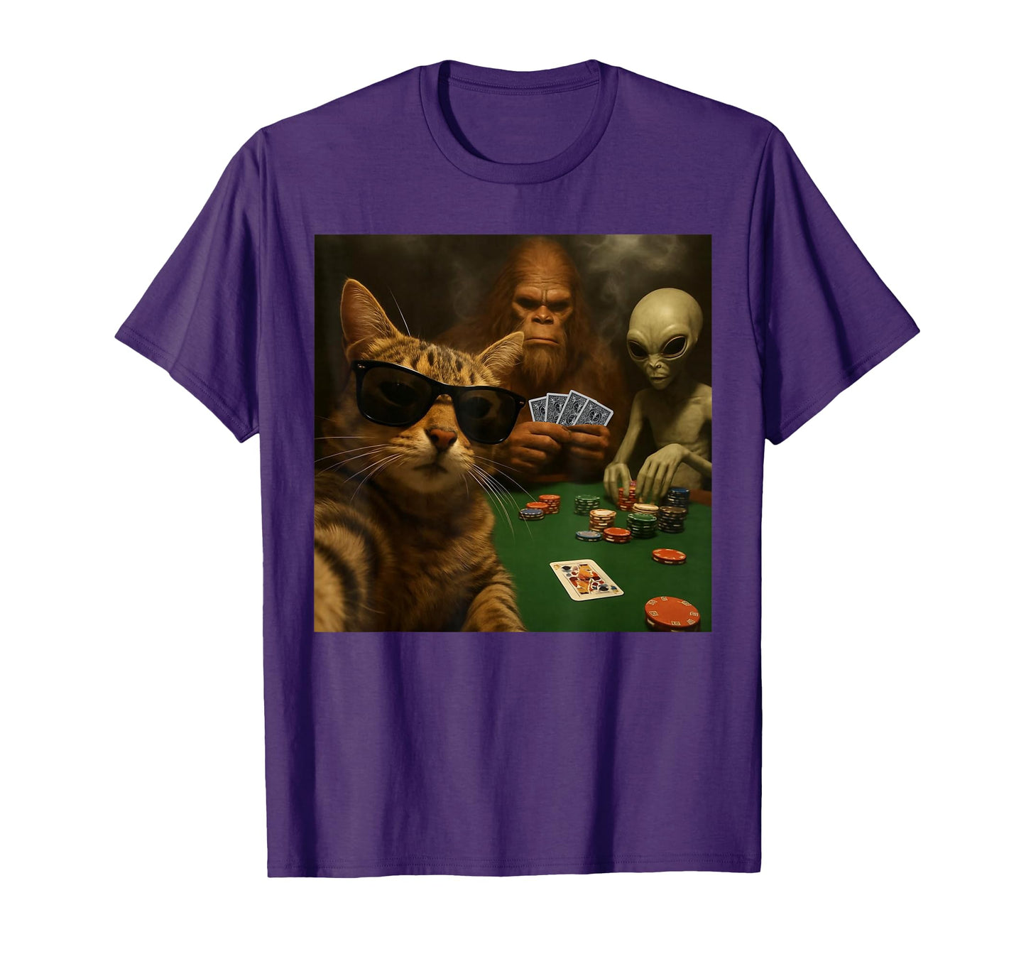 Cat Poker Selfie Bigfoot & Alien Playing Cards Funny T-Shirt