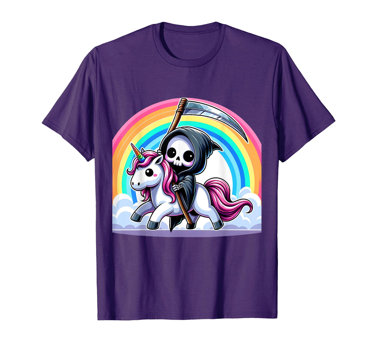 Grim Reaper Riding Unicorn Funny Rainbow Heavy Metal T-Shirt