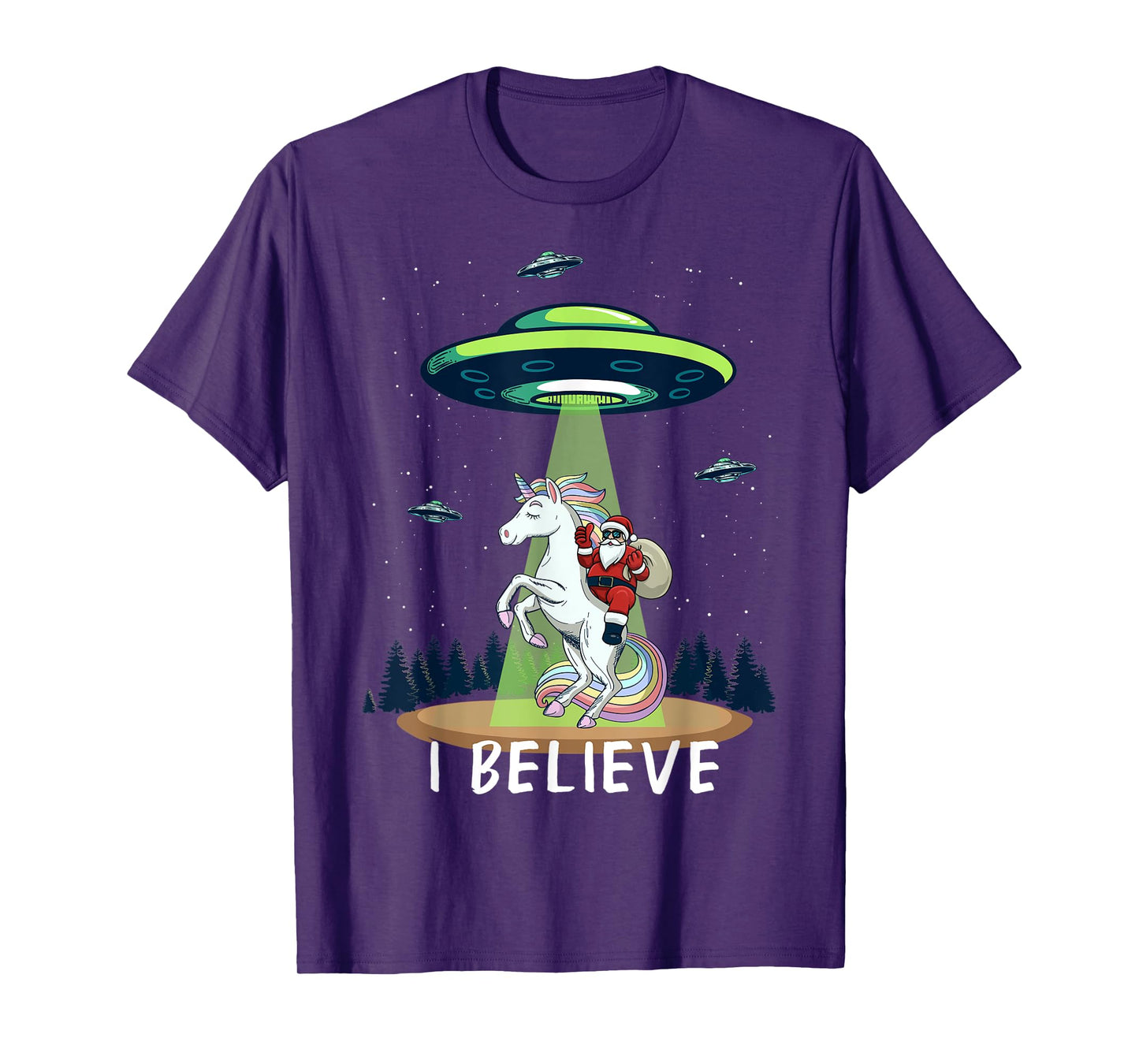 Santa Claus Riding Unicorn Alien space UFO Christmas Design T-Shirt