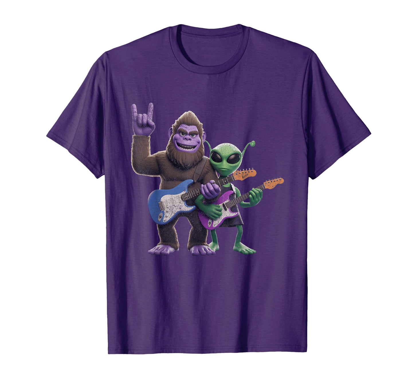 Funny Alien And Bigfoot Sasquatch Guitar Rock On T-Shirt