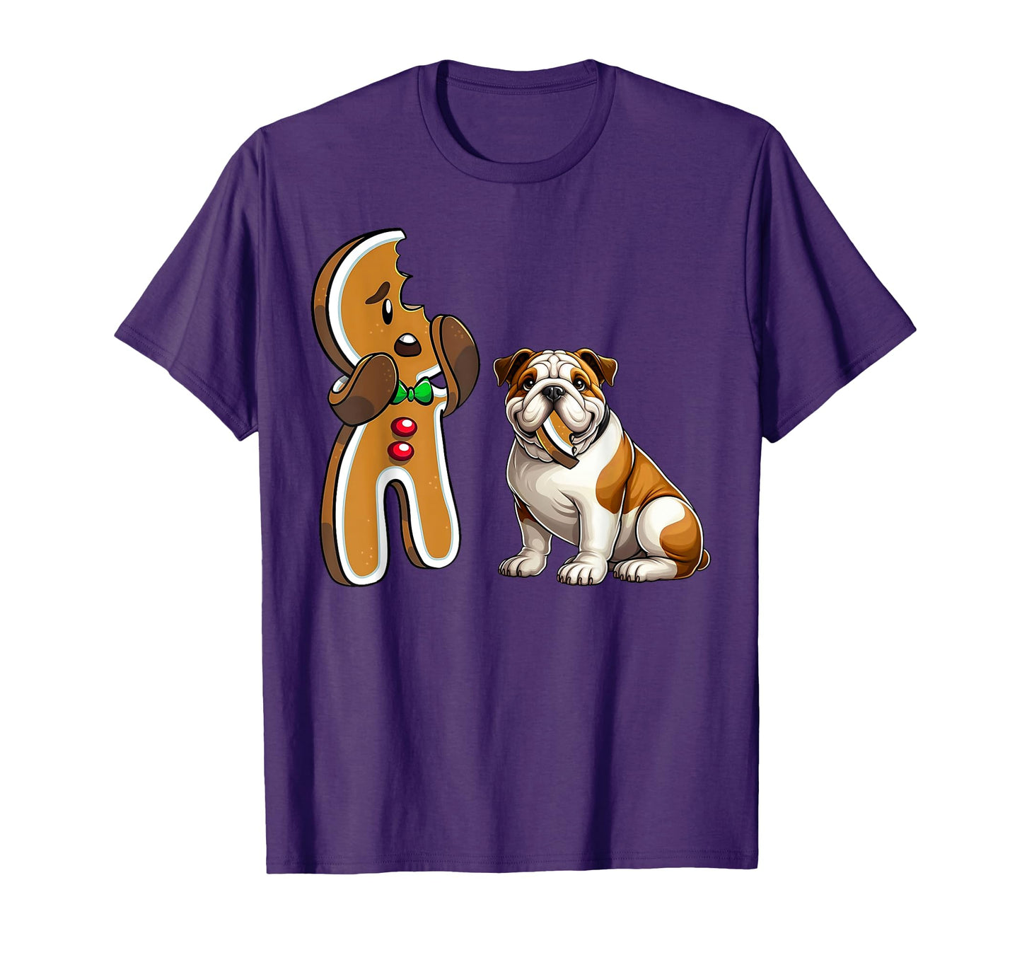 Funny English Bulldog Dog Biting Gingerbread Merry Christmas Men Women Kids T-Shirt