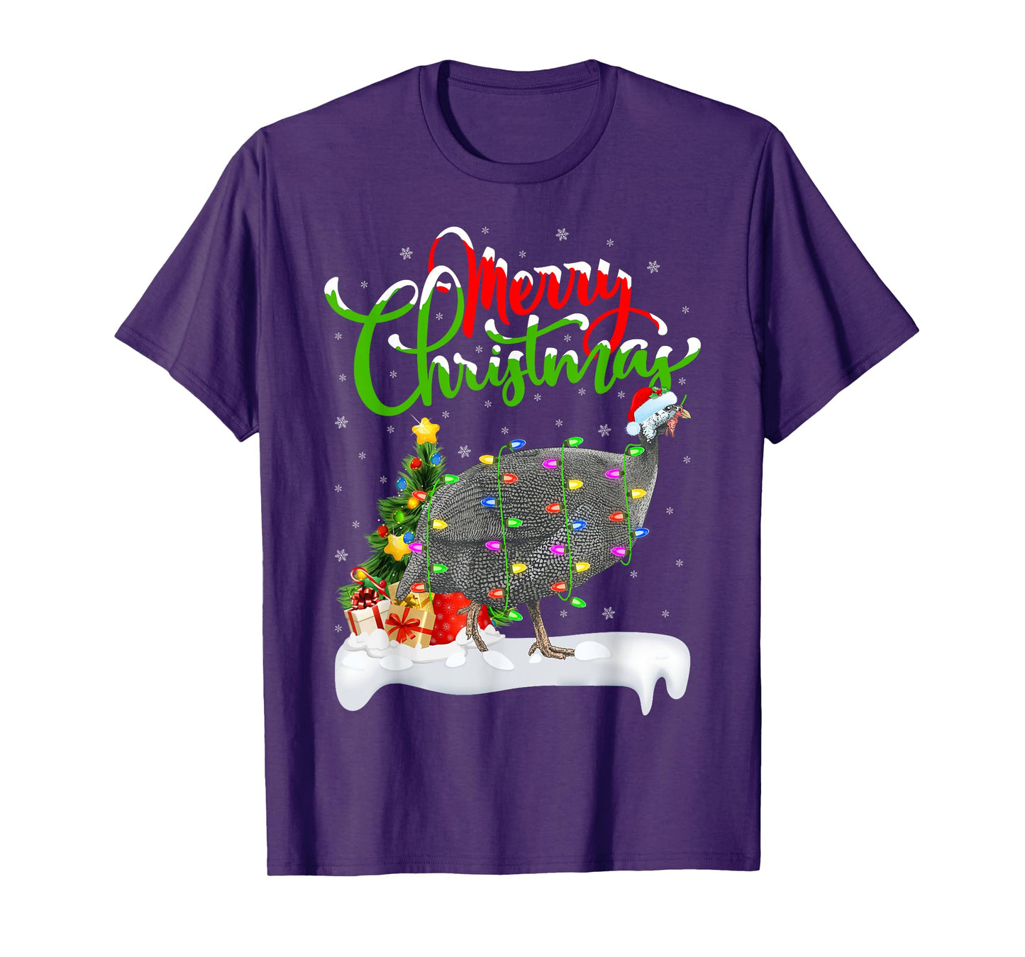Xmas Lights Tree Santa Guinea Fowl Bird Merry Christmas T-Shirt