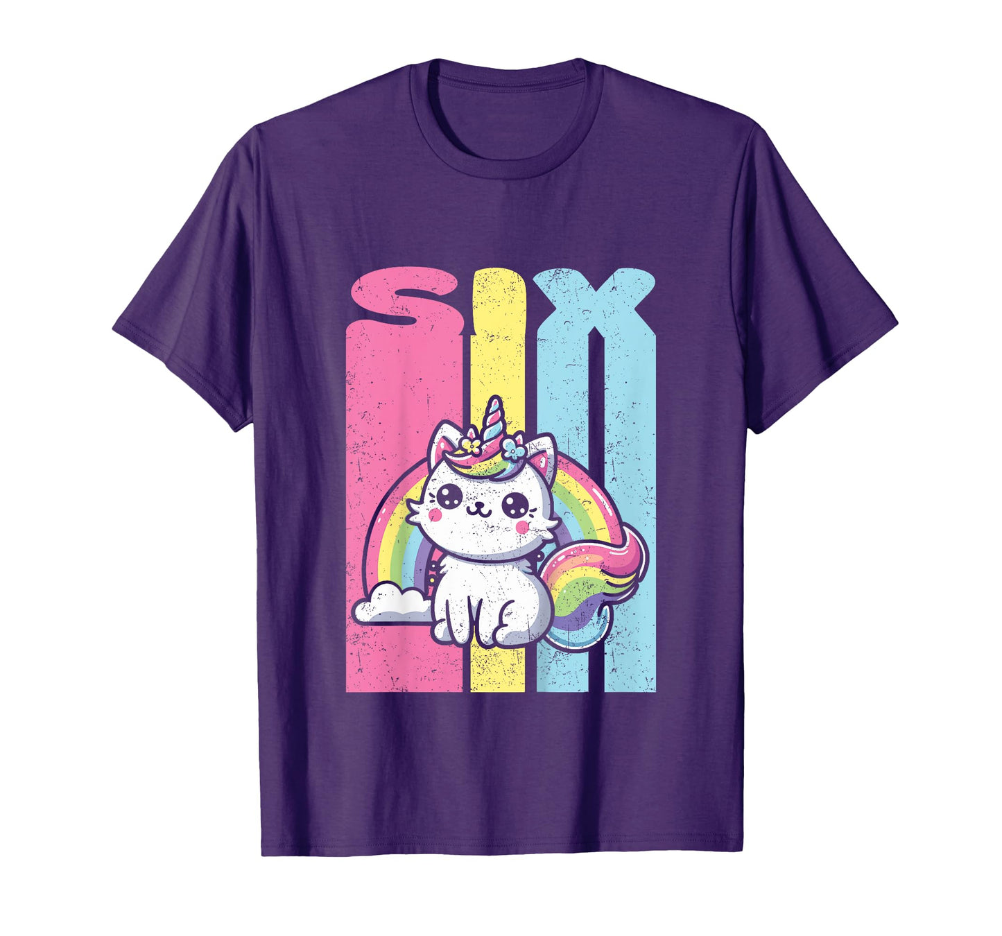 Kids Six 6th Birthday Caticorn Cat Unicorn Rainbow Grunge T-Shirt