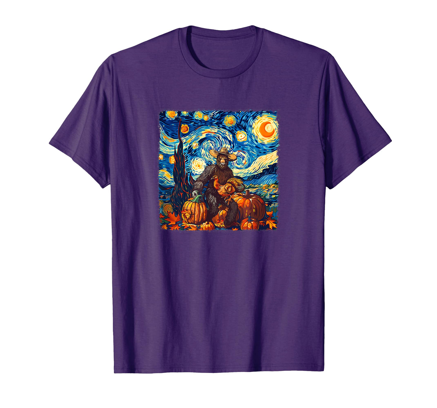 Funny Bigfoot Pilgrim Turkey Pumpkin Thanksgiving Van Gogh T-Shirt