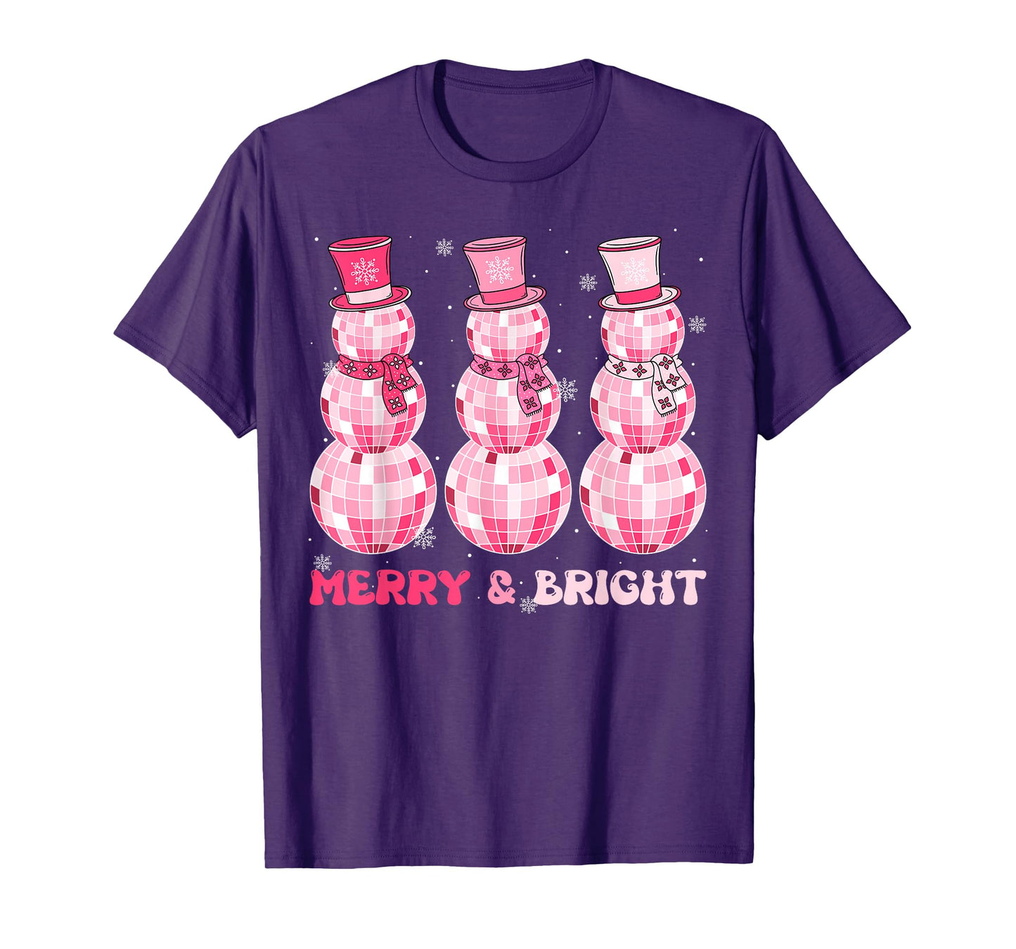 Retro Merry Bright Pink Disco Snowman Christmas Santa Funny T-Shirt