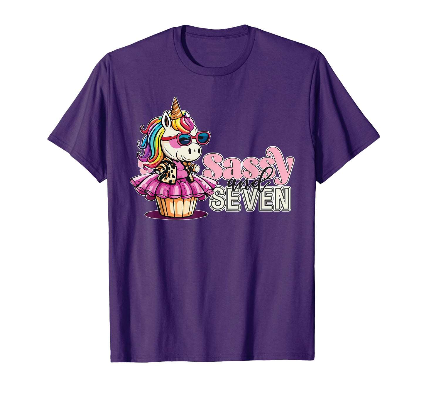 Girls Sassy and Seven 7th Birthday Unicorn Age 7 Cupcake T-Shirt