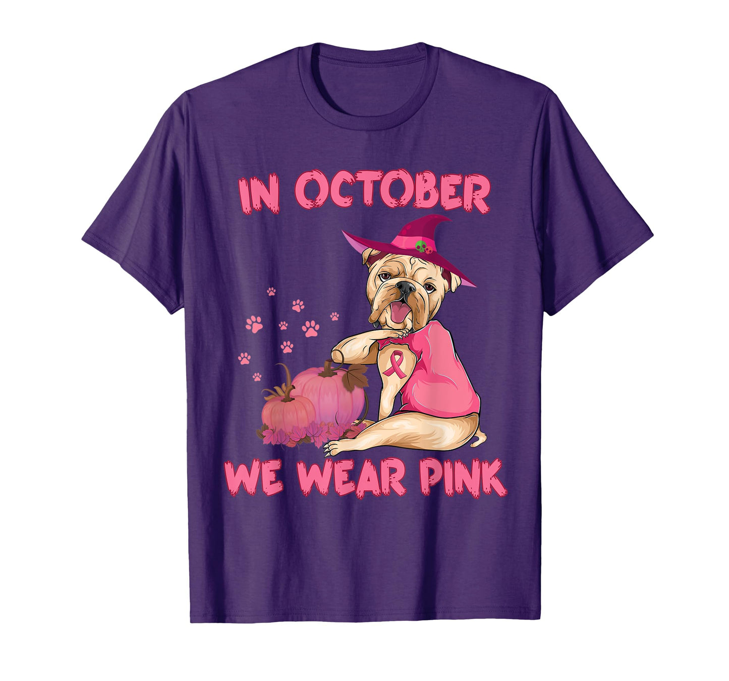 In October We Wear Pink Bulldog Dog Breast Cancer Halloween T-Shirt